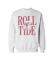 University of Alabama Light Grey Sweatshirt with Red Distressed Text “Roll Tide” behind the Vintage A logo
