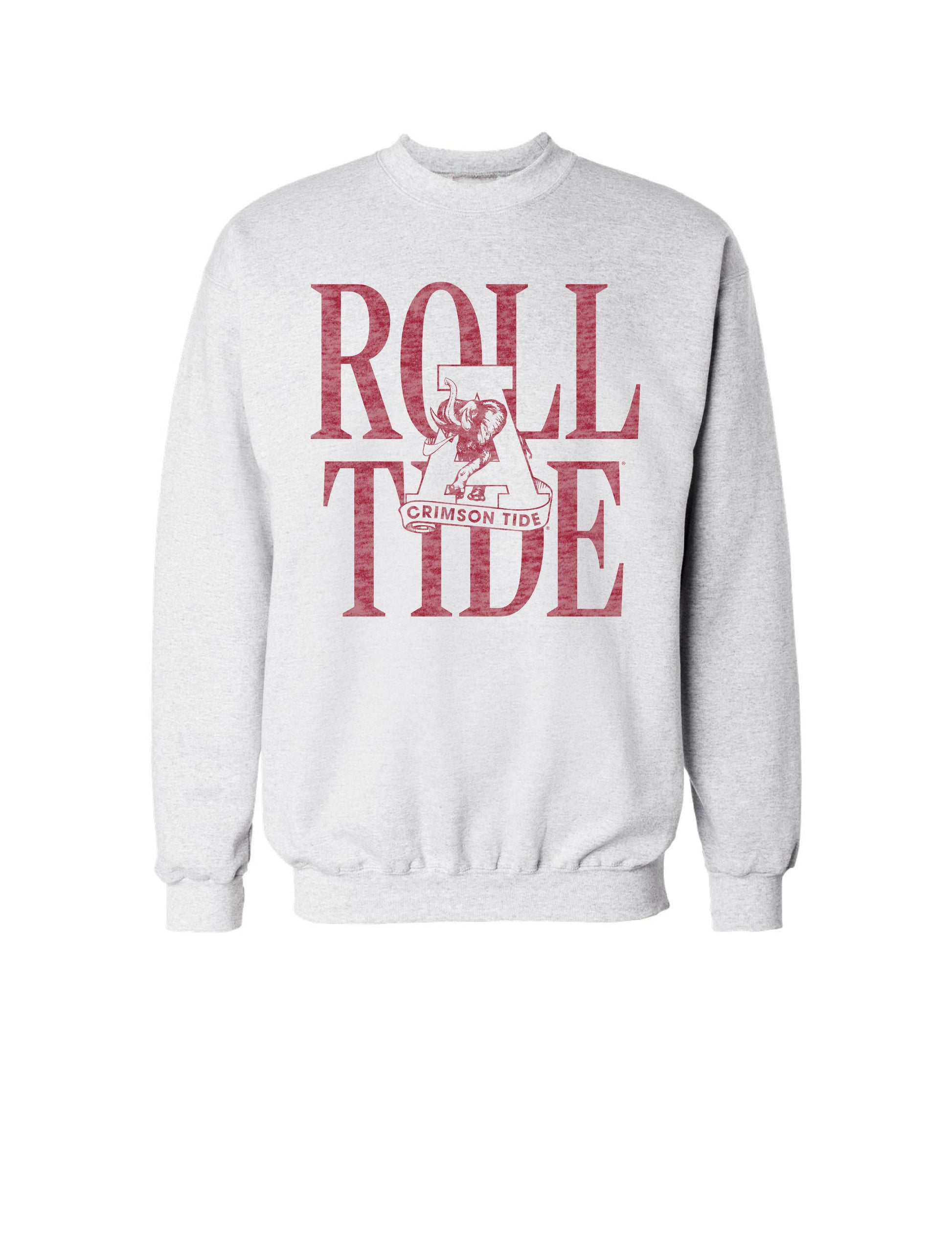 University of Alabama Light Grey Sweatshirt with Red Distressed Text “Roll Tide” behind the Vintage A logo