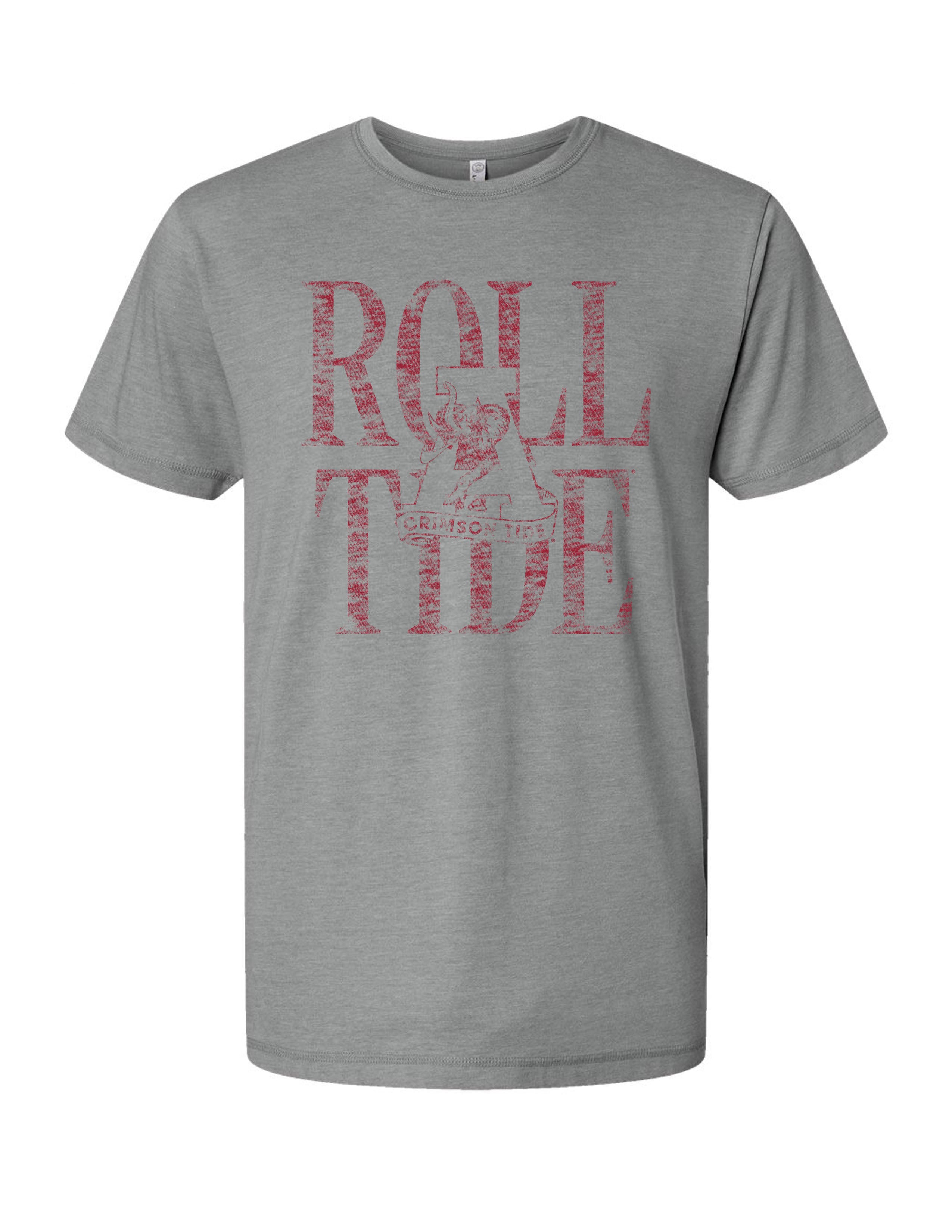 University of Alabama Grey T-Shirt with a distressed print of the Vintage A logo in front of Red text “Roll Tide”