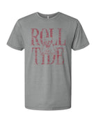 University of Alabama Grey T-Shirt with a distressed print of the Vintage A logo in front of Red text “Roll Tide”