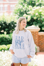 Auburn University Light Grey Sweatshirt with Distressed Blue text “WAR EAGLE” behind the Auburn Eagle logo