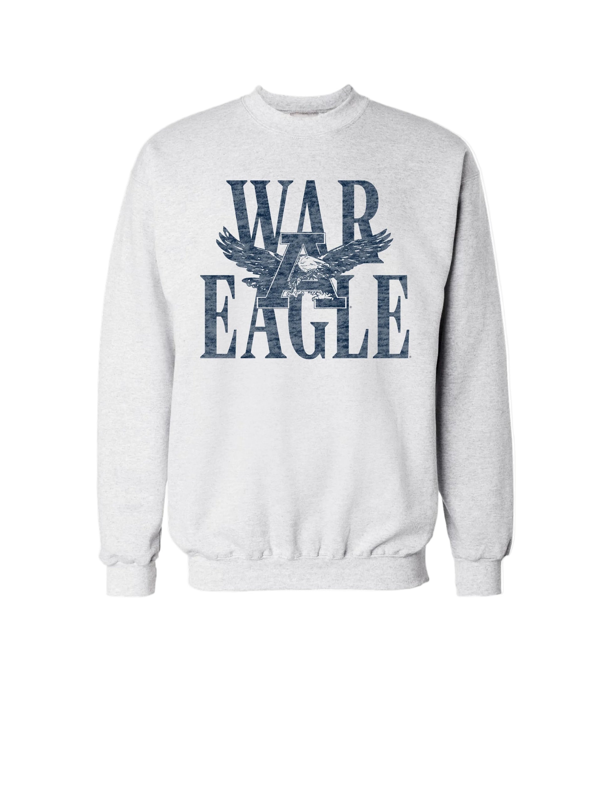 Auburn University Light Grey Sweatshirt with Distressed Blue text “WAR EAGLE” behind the Auburn Eagle logo