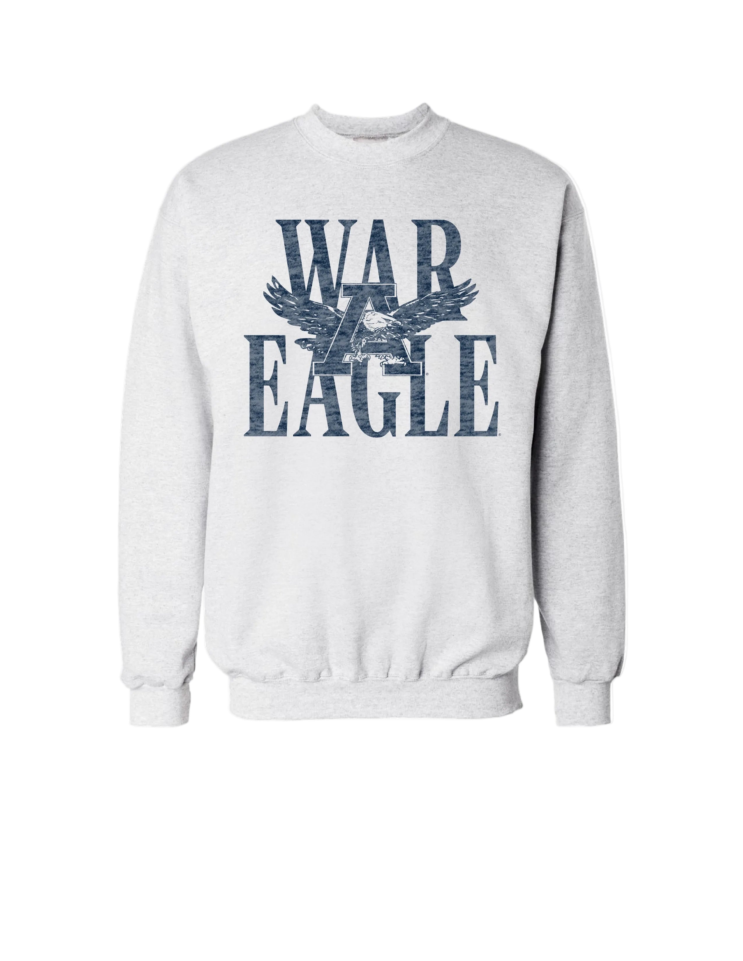 Auburn University Light Grey Sweatshirt with Distressed Blue text “WAR EAGLE” behind the Auburn Eagle logo