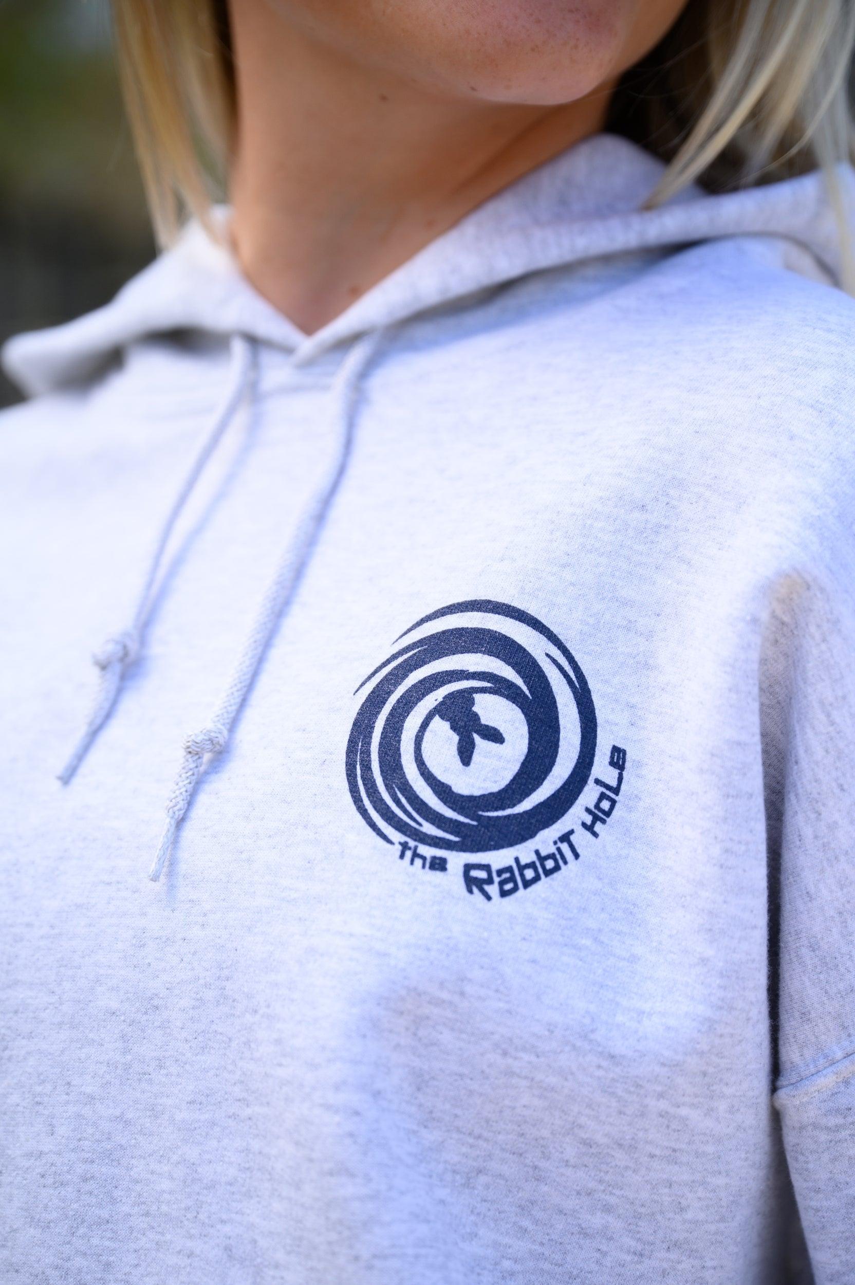 Rabbit Hole Grey Hoodie with The Rabbit Hole Logo left chest design