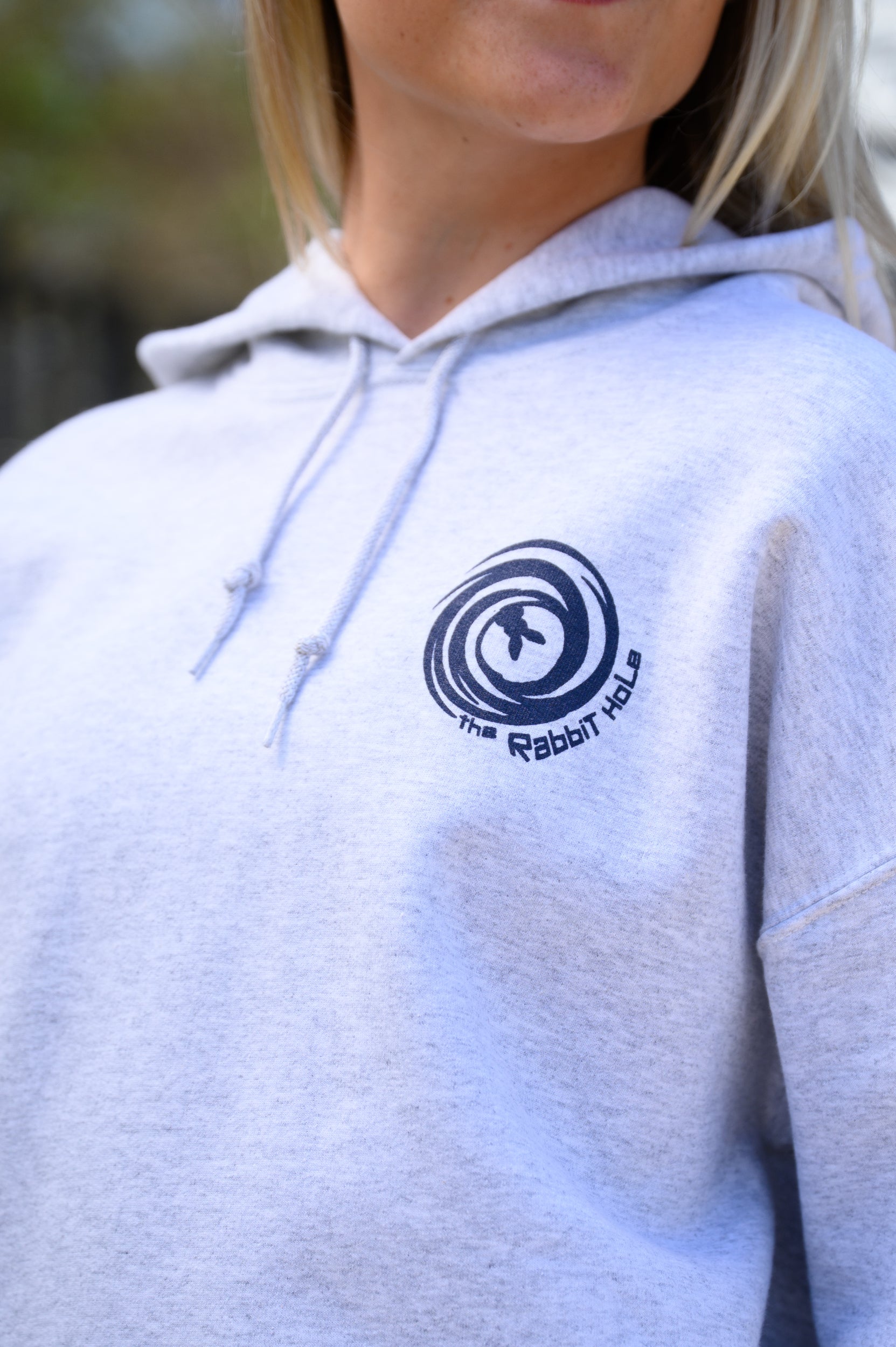 Rabbit Hole Grey Hoodie with The Rabbit Hole Logo left chest design