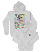 Grey Rabbit Hole Hoodie with marquee lights spelling "Rabbit Hole" lighting a band of Alice in Wonderland characters surrounded by paying cards
