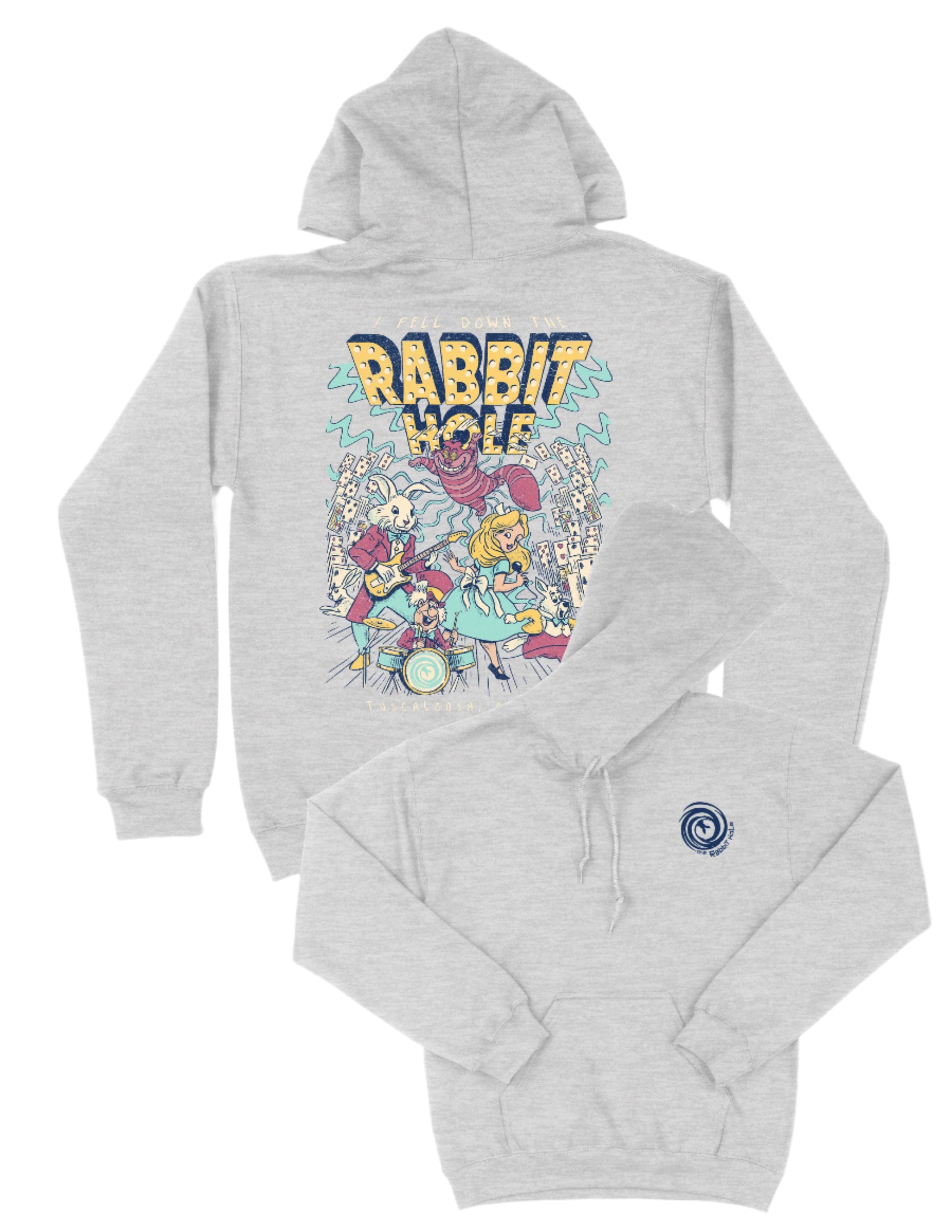 Grey Rabbit Hole Hoodie with marquee lights spelling "Rabbit Hole" lighting a band of Alice in Wonderland characters surrounded by paying cards