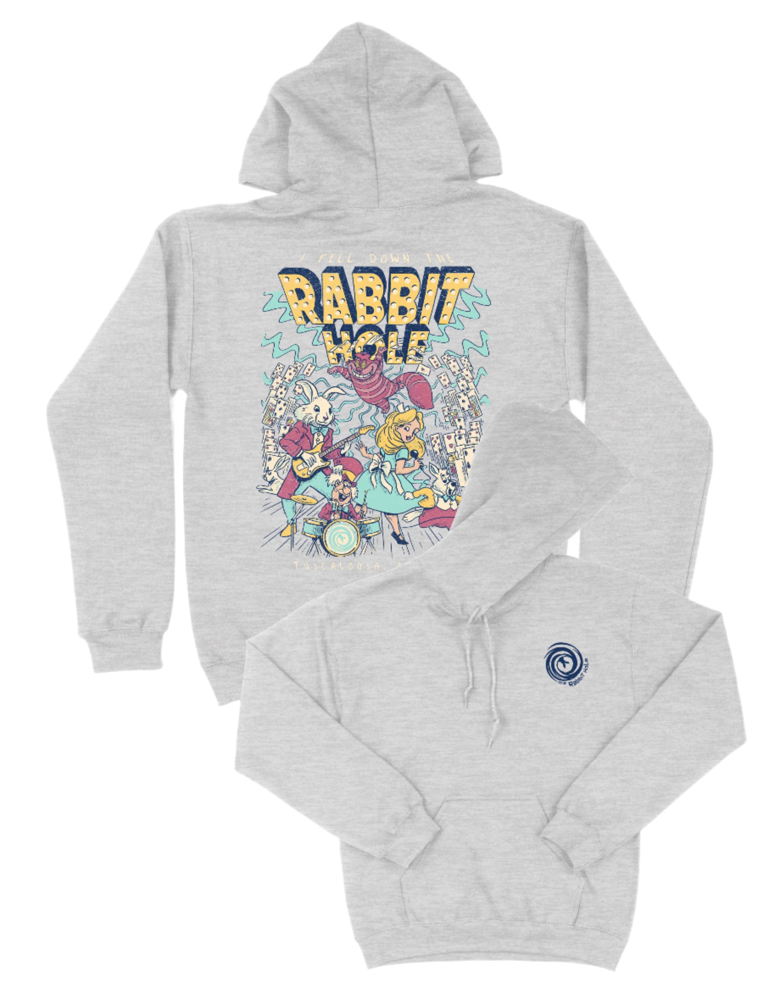 Grey Rabbit Hole Hoodie with marquee lights spelling "Rabbit Hole" lighting a band of Alice in Wonderland characters surrounded by paying cards