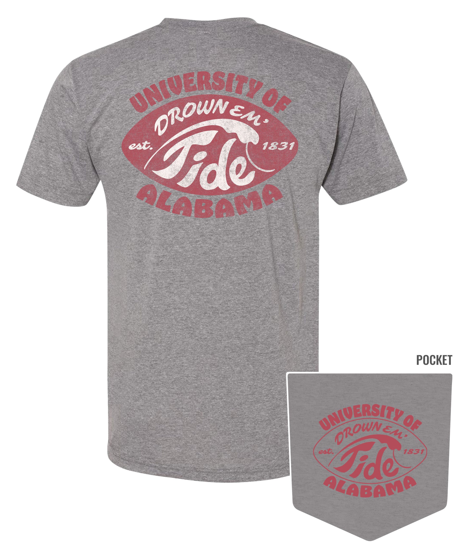University of Alabama Gray T-Shirt with a Red football shape with a White outline of a tidal wave and White text "Drown 'Em Tide"