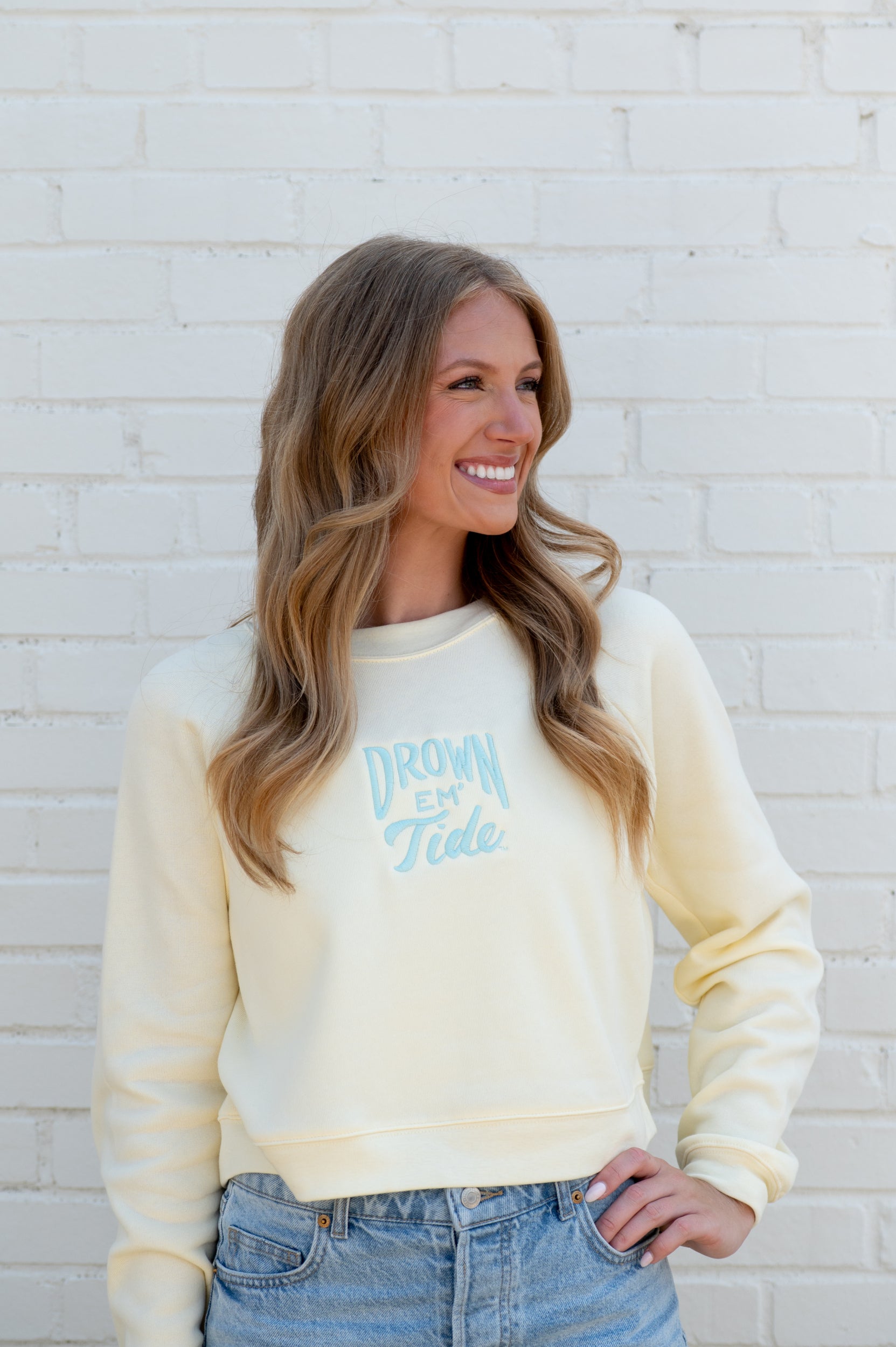 University of Alabama Yellow Ladies Sweatshirt with Blue Drown Em Tide Embroidery