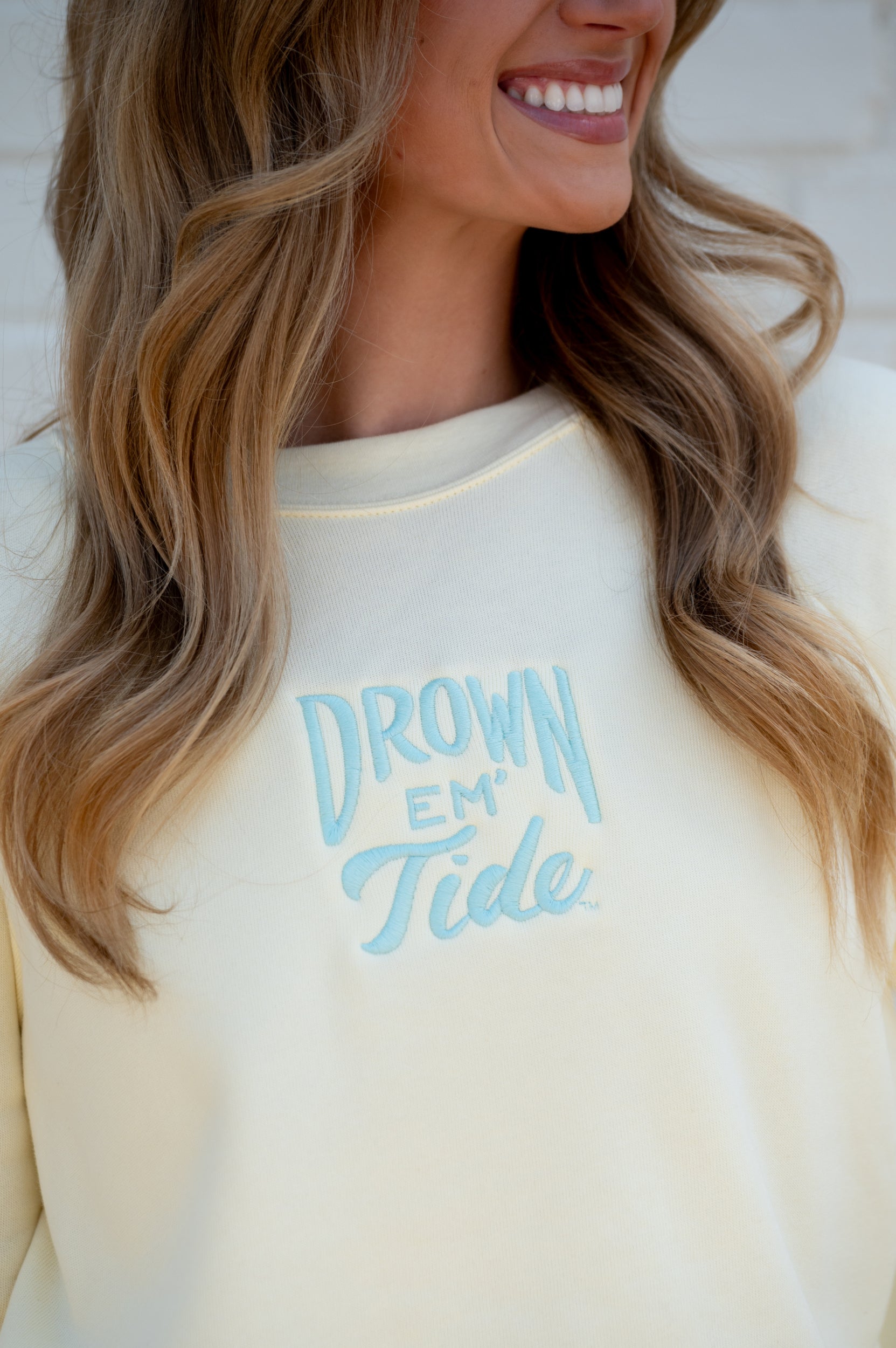 University of Alabama Yellow Ladies Sweatshirt with Blue Drown Em Tide Embroidery