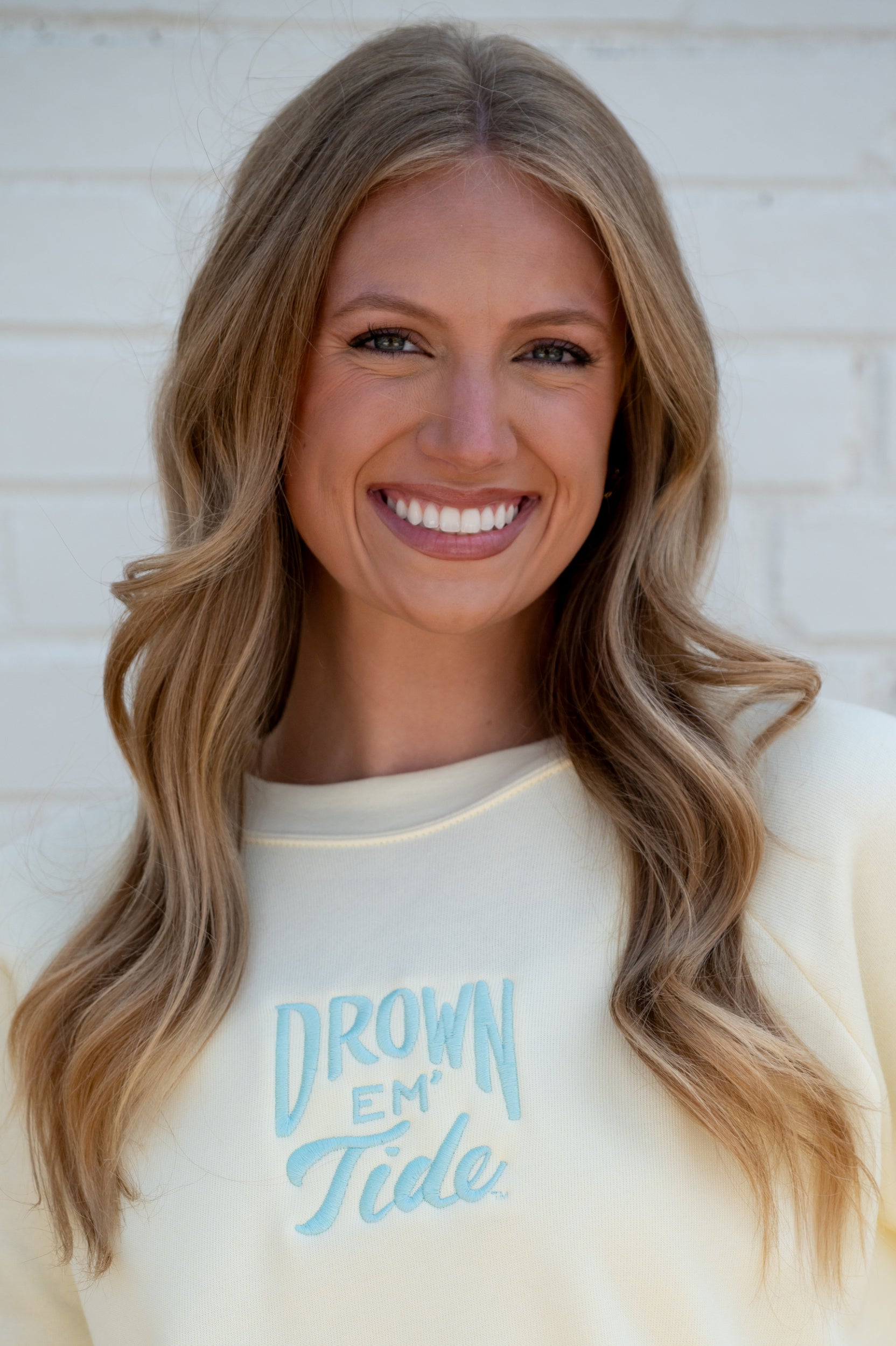 University of Alabama Yellow Ladies Sweatshirt with Blue Drown Em Tide Embroidery