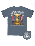 Ole Miss and Mississippi State Blue T-Shirt with Text “Egg Bowl Ole Miss vs Mississippi State” above a golden football trophy and an Ole Miss Flag and Shaker on the left and a Mississippi State Flag and Shaker on the right
