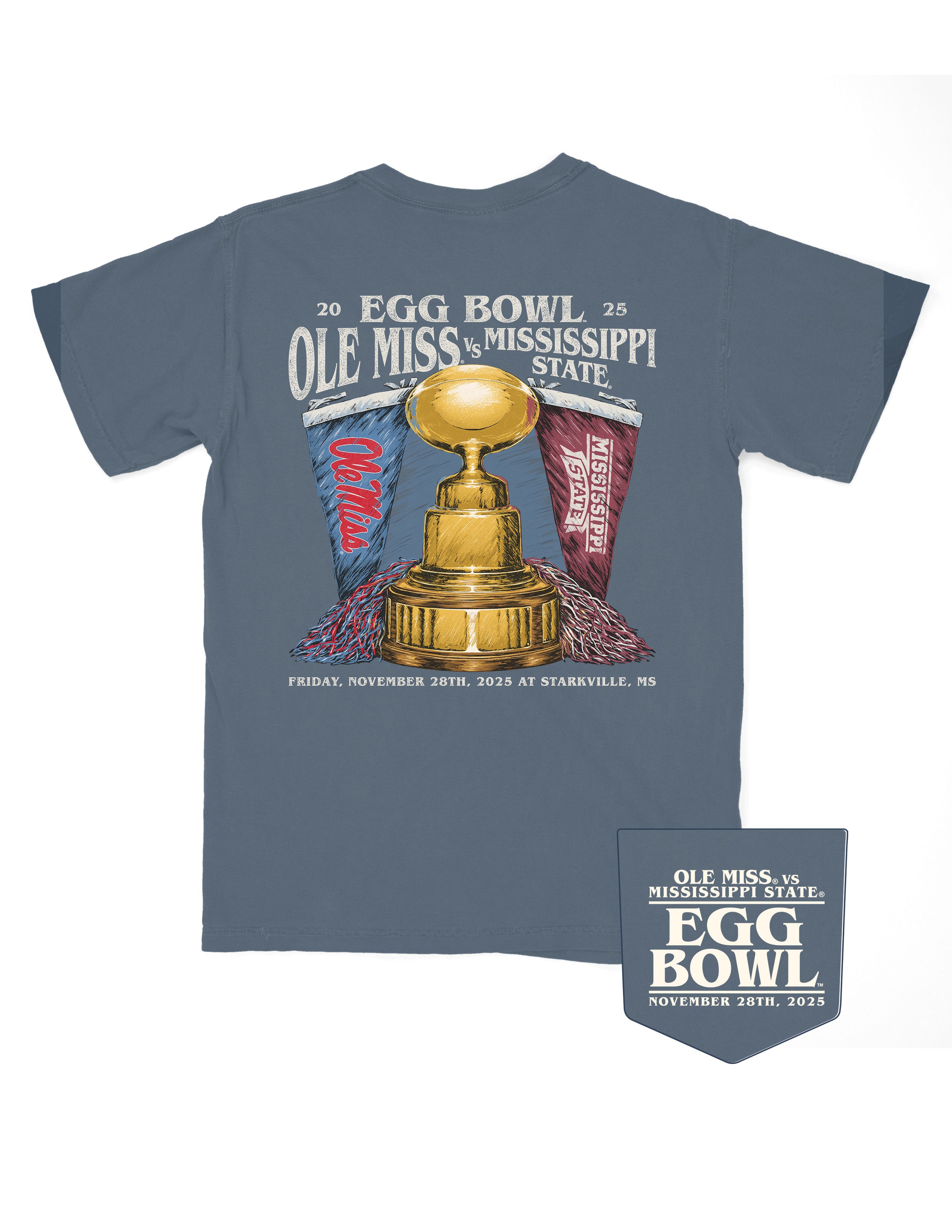 Ole Miss and Mississippi State Blue T-Shirt with Text “Egg Bowl Ole Miss vs Mississippi State” above a golden football trophy and an Ole Miss Flag and Shaker on the left and a Mississippi State Flag and Shaker on the right