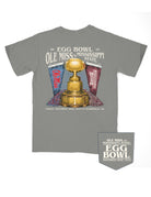 Ole Miss and Mississippi State Grey T-Shirt with Text “Egg Bowl Ole Miss vs Mississippi State” above a golden football trophy and an Ole Miss Flag and Shaker on the left and a Mississippi State Flag and Shaker on the right
