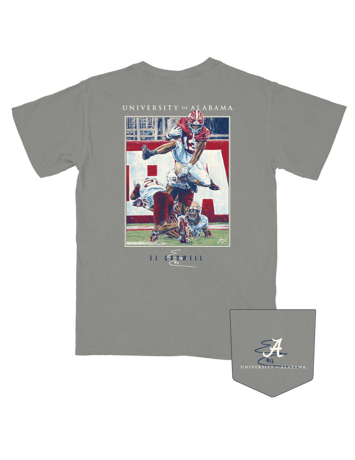 University of Alabama Grey T-Shirt with an image of EJ Crowell running the ball in his iconic number thirteen jersey