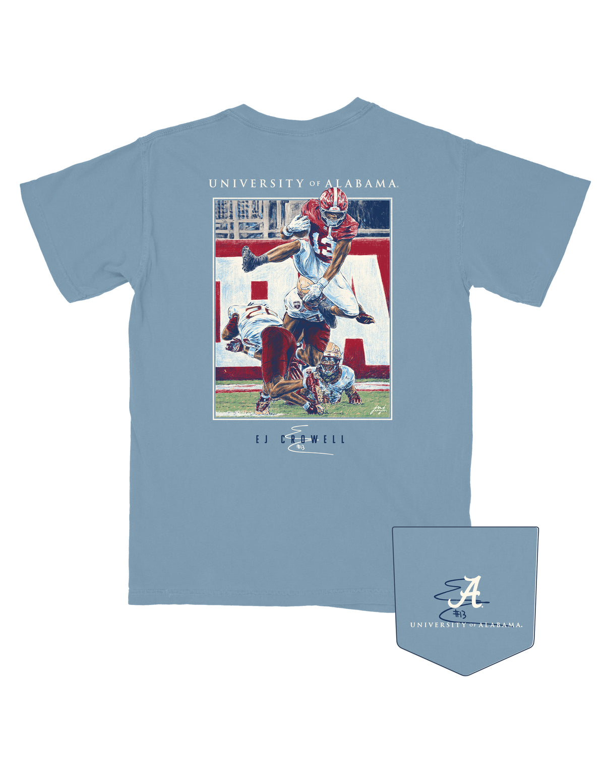 University of Alabama blue T-Shirt with an image of EJ Crowell running the ball in his iconic number thirteen jersey