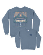 Auburn University Blue Fear The Jungle Sweatshirt with Orange text "Auburn Basketball" and an image of the Auburn basketball court in the middle of a jungle with a waterfall spilling into the game schedule