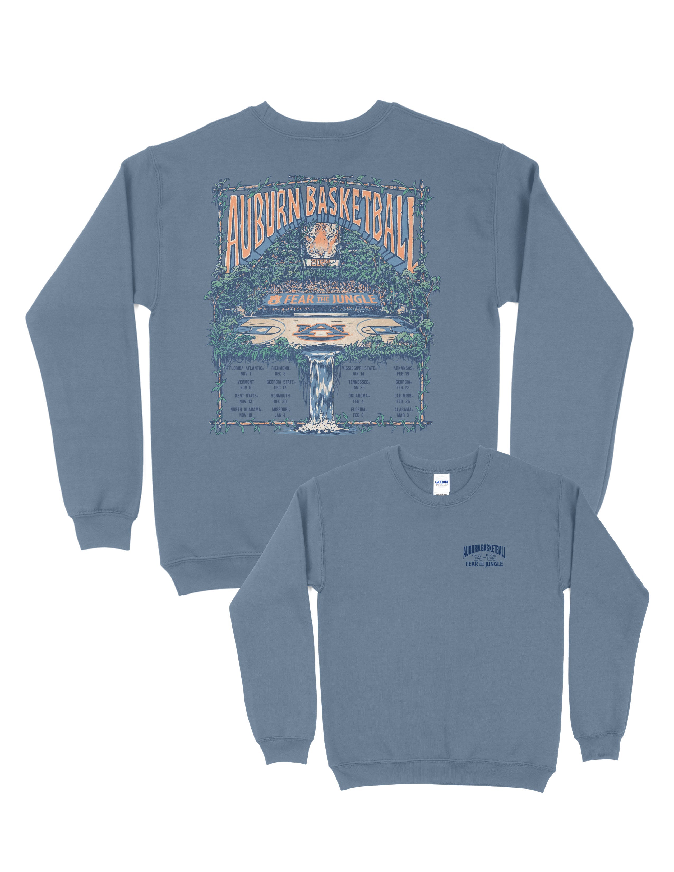 Auburn University Blue Fear The Jungle Sweatshirt with Orange text "Auburn Basketball" and an image of the Auburn basketball court in the middle of a jungle with a waterfall spilling into the game schedule