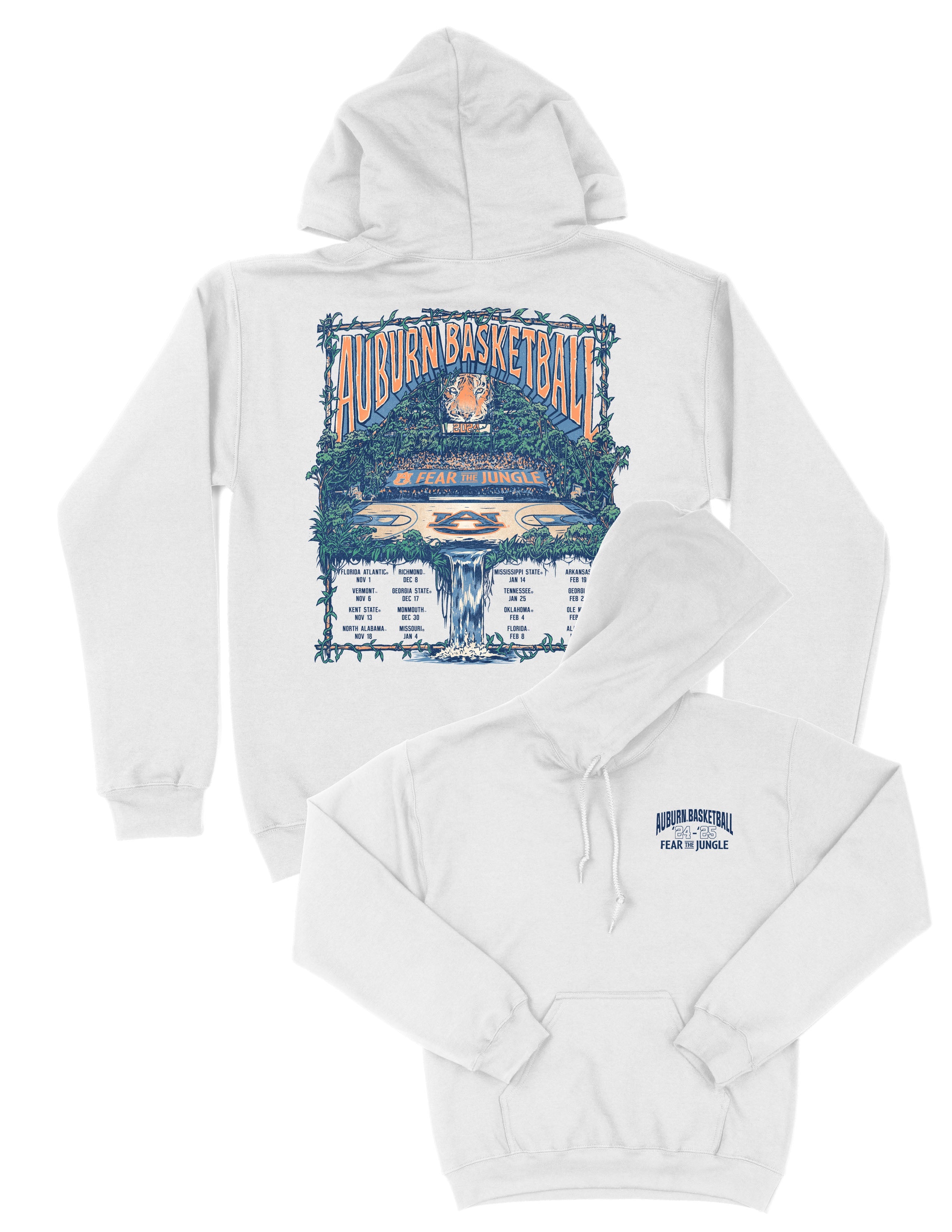 Auburn University White Fear The Jungle Hoodie with Orange text "Auburn Basketball" and an image of the Auburn basketball court in the middle of a jungle with a waterfall spilling into the game schedule