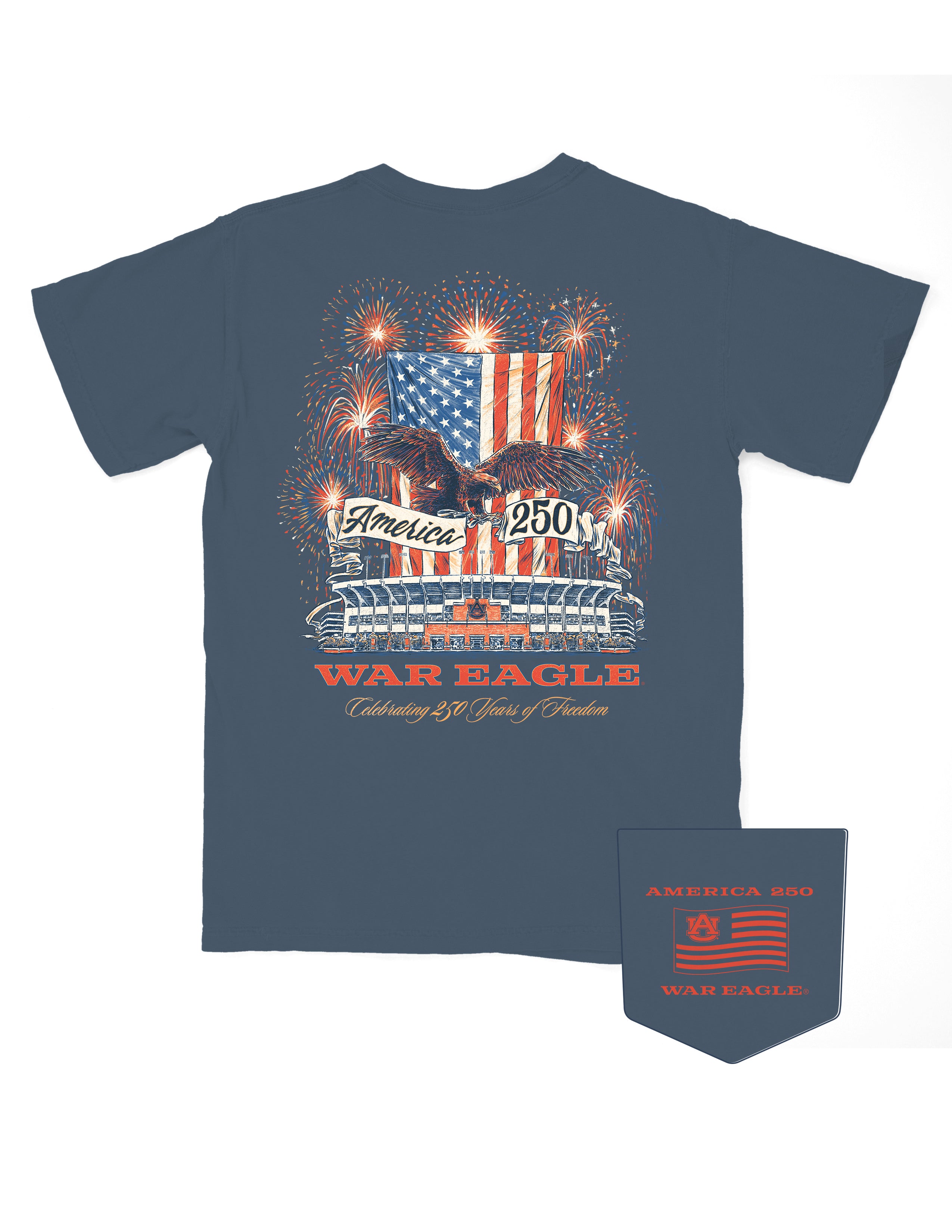 Auburn University Navy T-Shirt with an eagle holding a banner with text “America 250” in front of fireworks and an American Flag over Jordan Hare Stadium