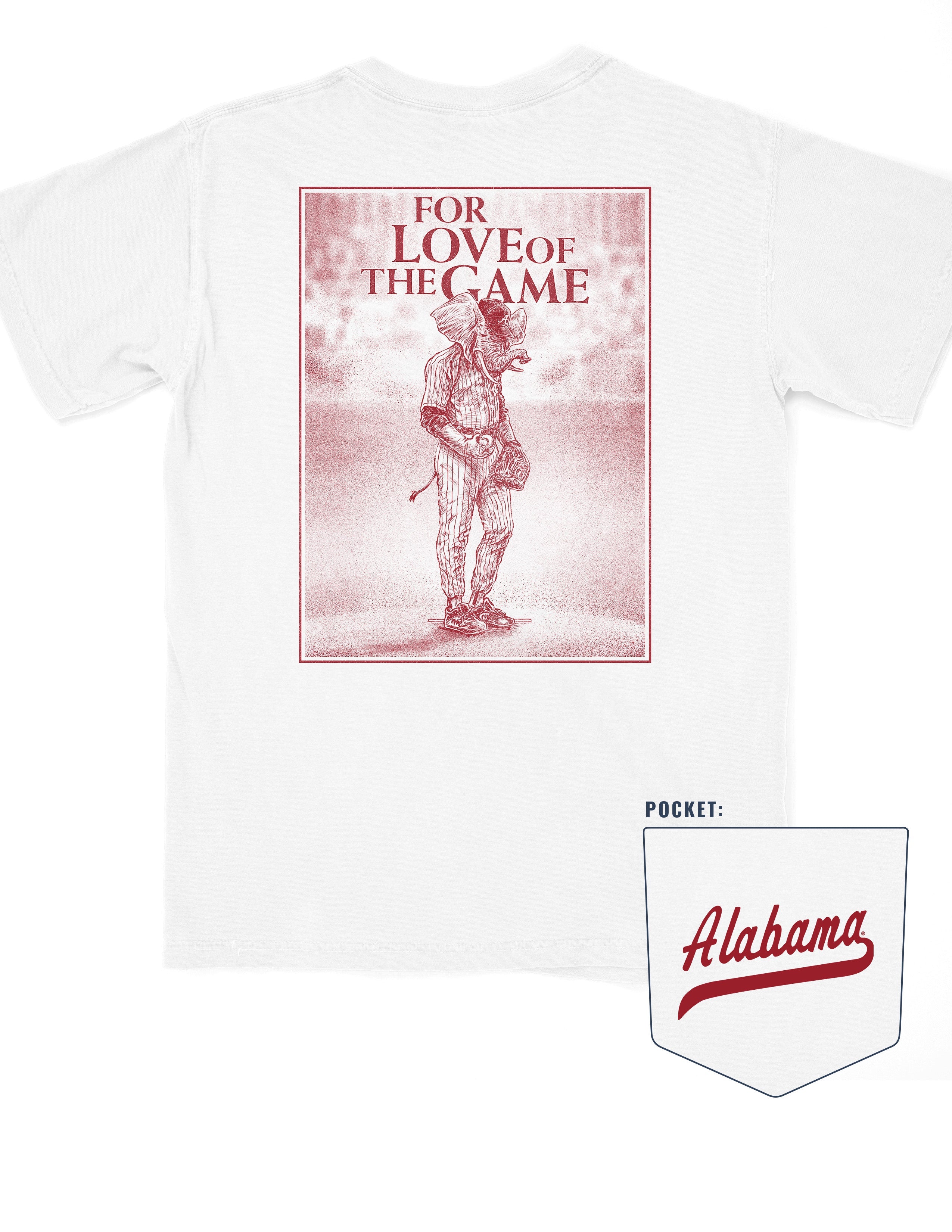 University of Alabama White T-Shirt with a Red illustration of Big Al in baseball gear below Red text "For The Love of The Game
