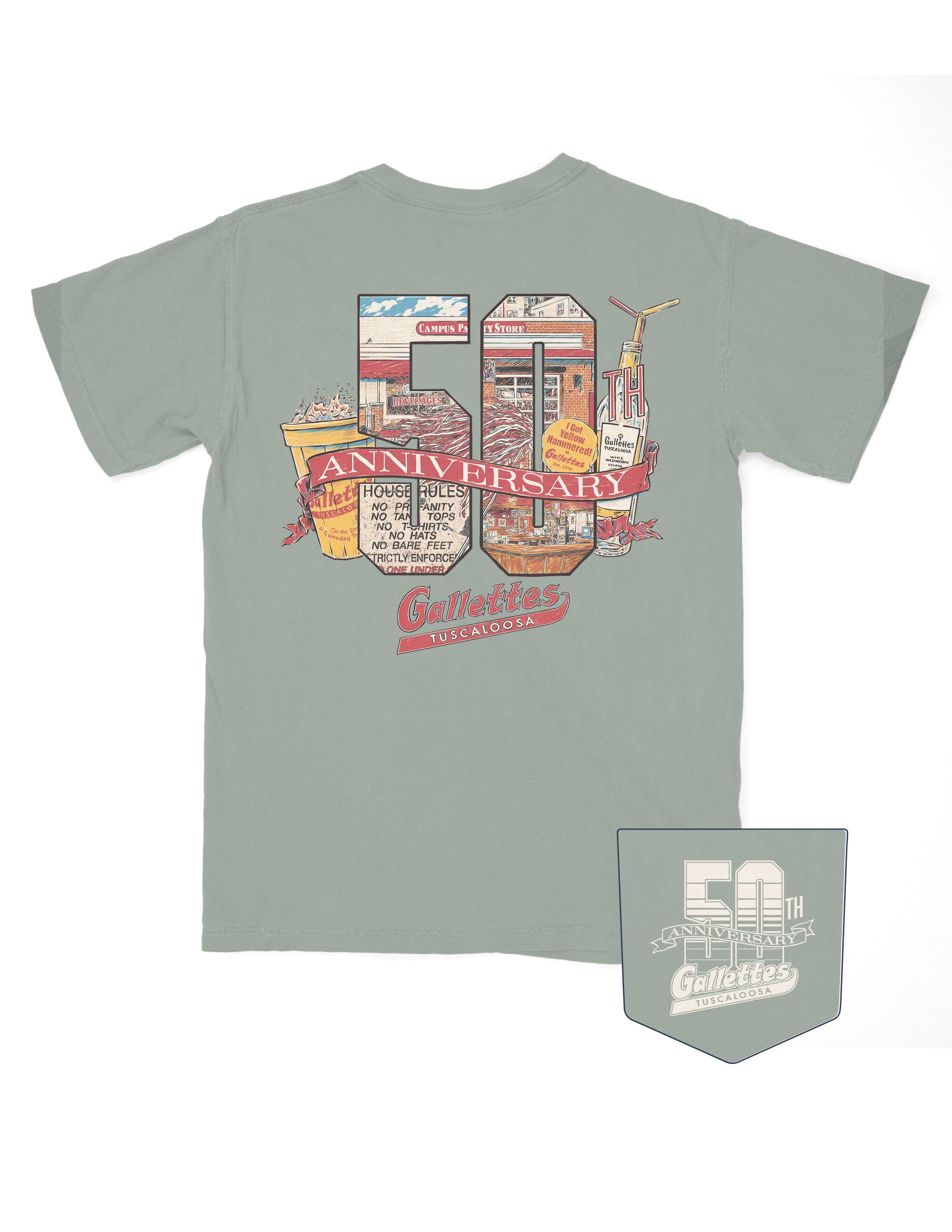 Gallettes Dusty Green T-Shirt with a collage of Gallettes and Tuscaloosa Icons inside a block “50th” with a banner reading “anniversary” in front of it