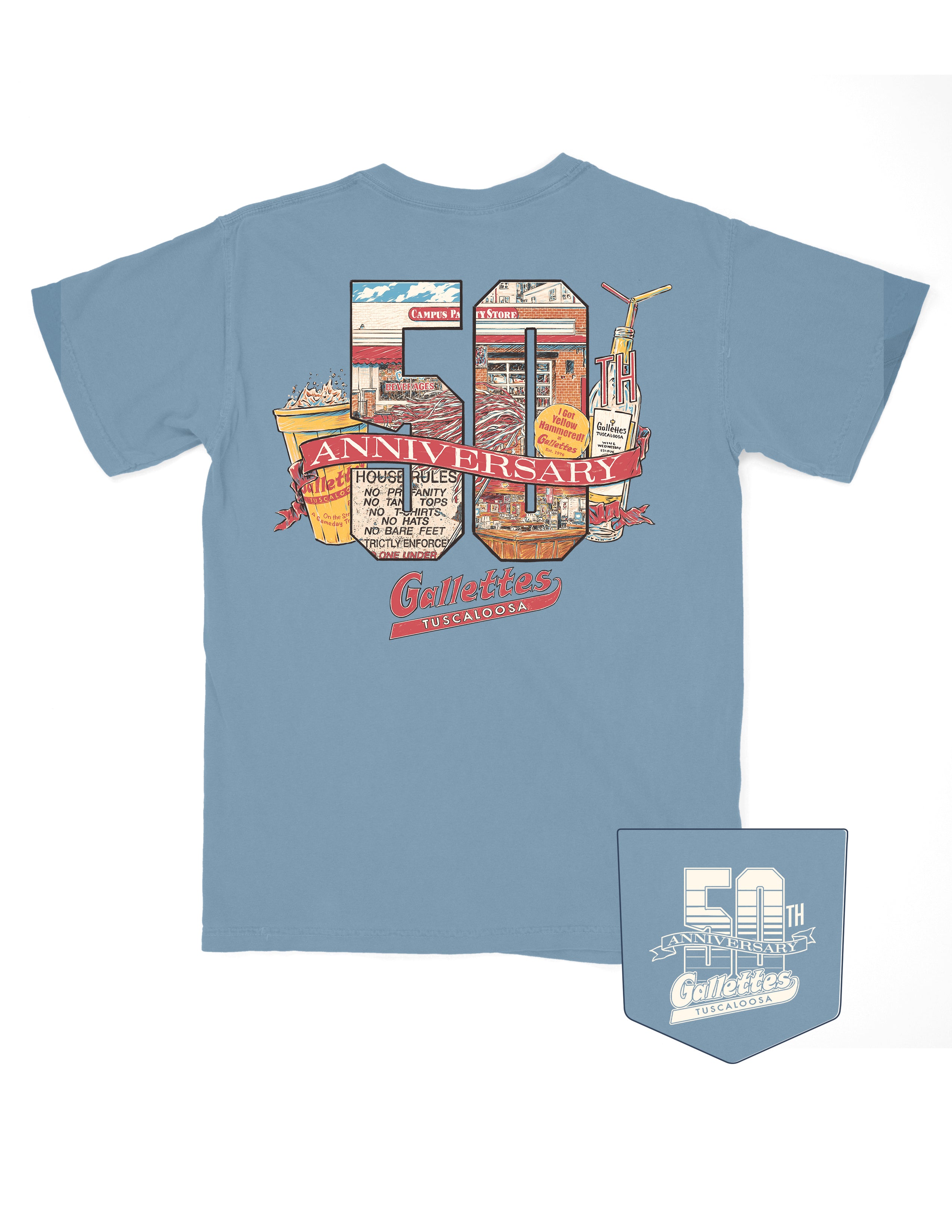 Gallettes Dusty Blue T-Shirt with a collage of Gallettes and Tuscaloosa Icons inside a block “50th” with a banner reading “anniversary” in front of it