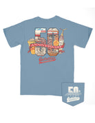 Gallettes Dusty Blue T-Shirt with a collage of Gallettes and Tuscaloosa Icons inside a block “50th” with a banner reading “anniversary” in front of it