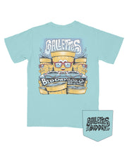 Gallettes Light Blue T-Shirt with a Yellow Hammer cup DJ surrounded by other Yellow Hammer cups partying
