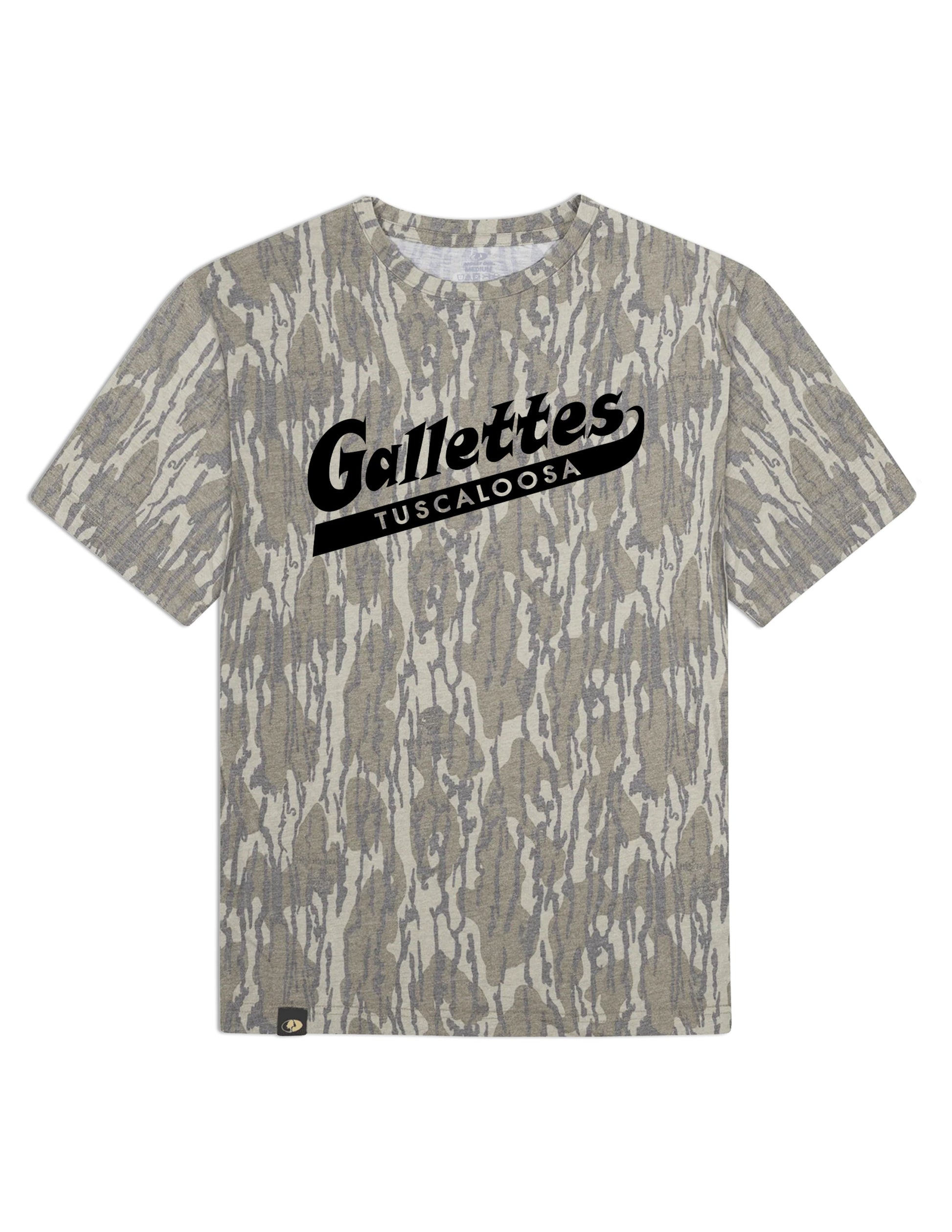 Gallettes Bottomland Camouflage shirt with a Black print of the Gallettes logo