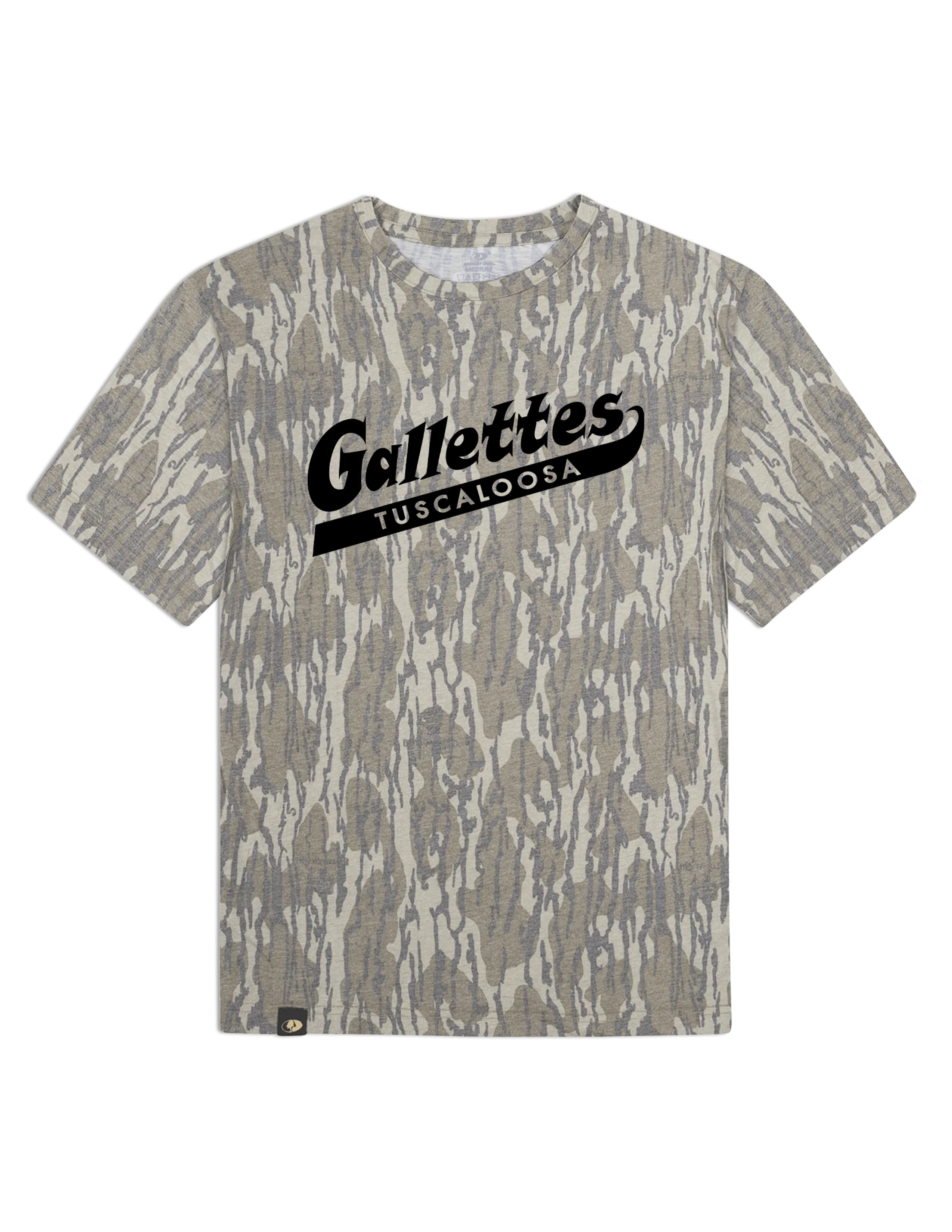 Gallettes Bottomland Camouflage shirt with a Black print of the Gallettes logo