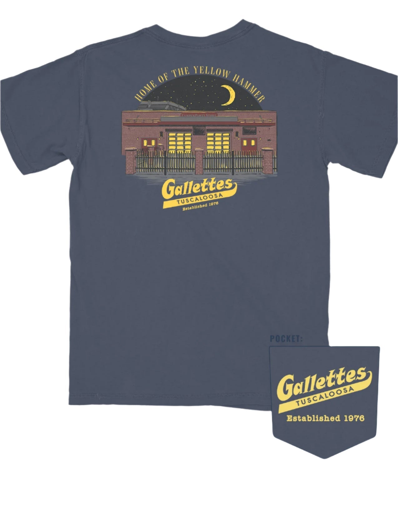 Gallettes Navy Building Tee with Yellow text "Home of the Yellow Hammer" above an illustration of the Gallettes Building