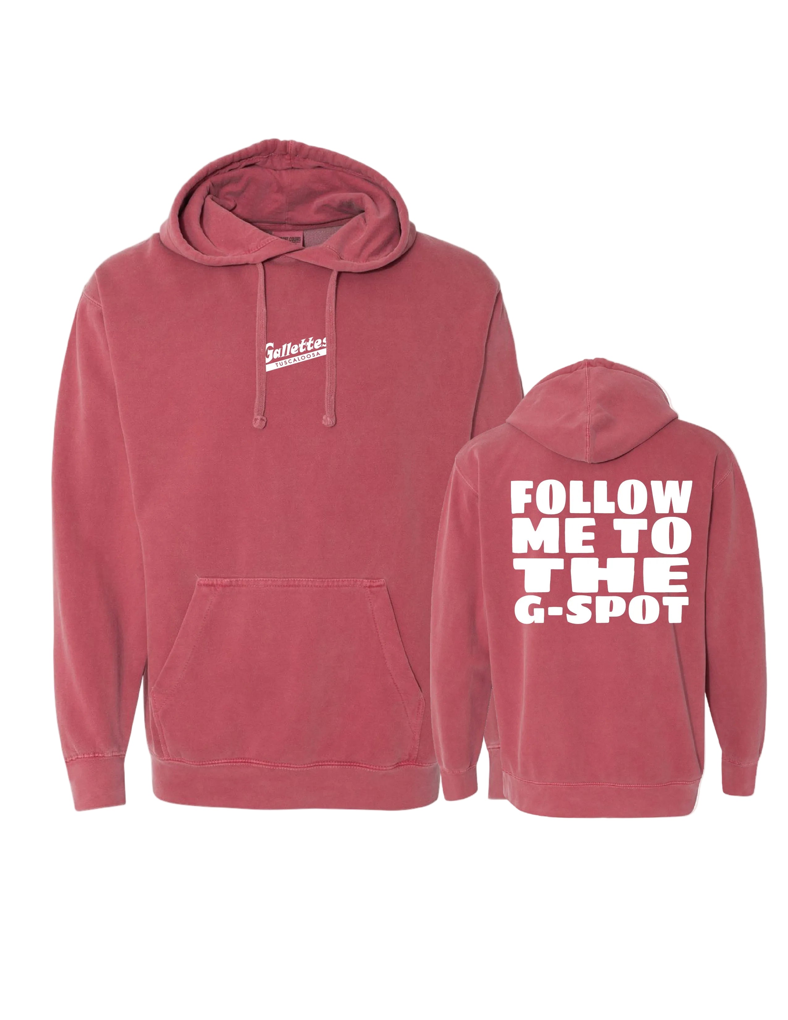 Gallettes Red Hoodie with White text “Follow Me To The G-Spot”