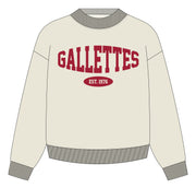 Gallettes Light Heather Grey Mock Neck with Red Block letters spelling “Gallettes”