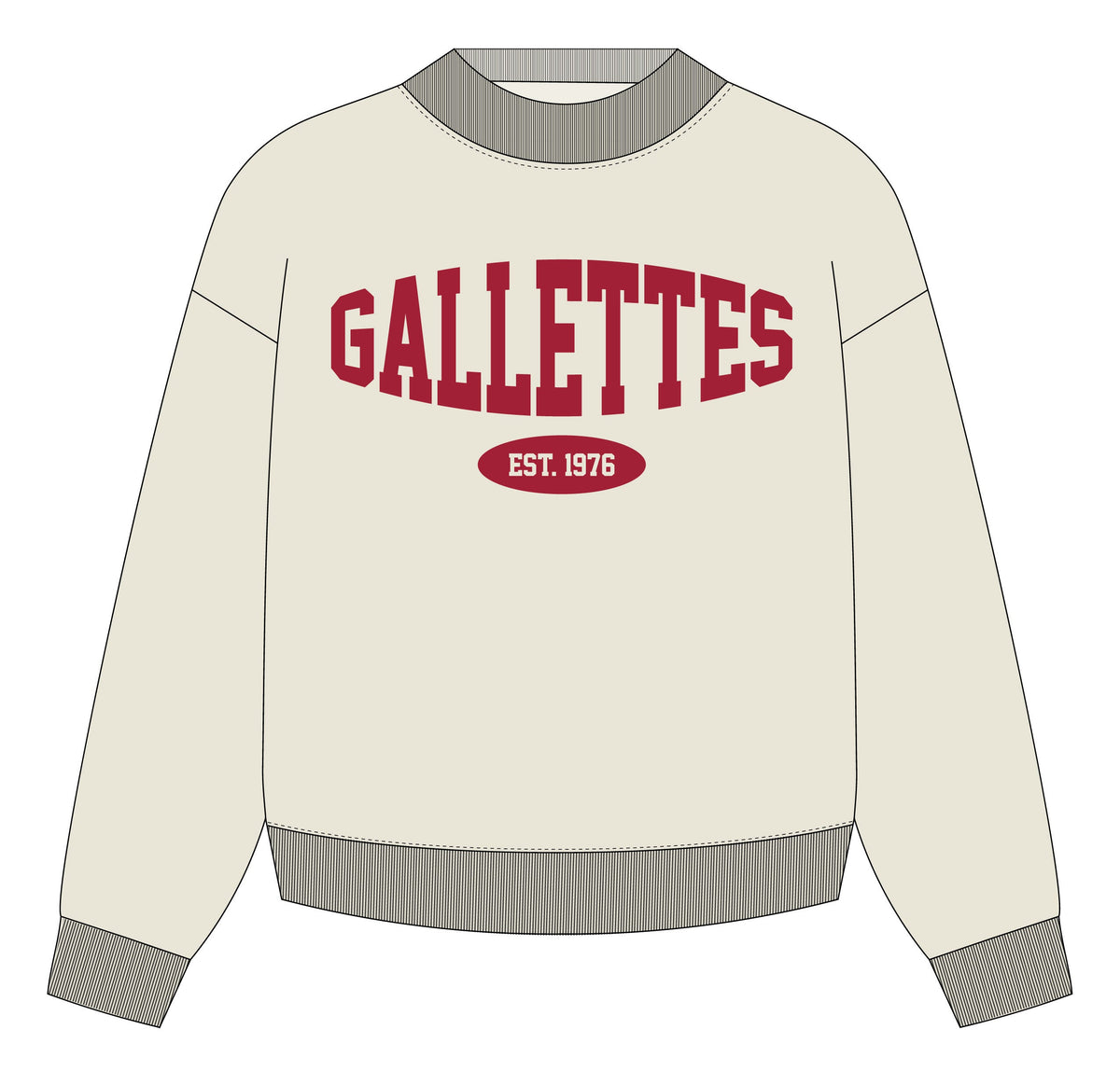 Gallettes Light Heather Grey Mock Neck with Red Block letters spelling “Gallettes”