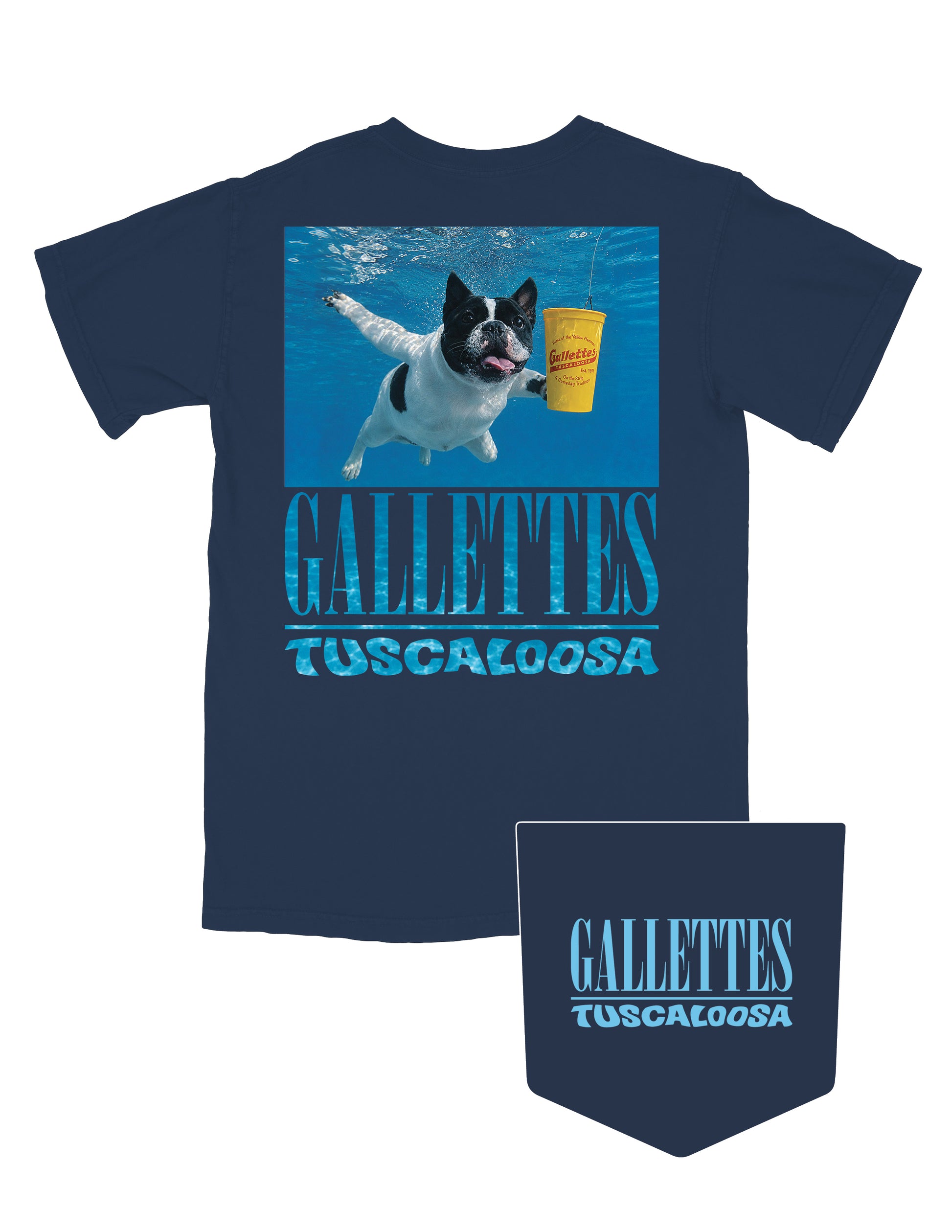 Gallettes Dark Navy T-Shirt with a parody of Nirvana’s “Smells Like Teen Spirit” album cover, featuring a French Bulldog swimming towards a Yellow Hammer Drink