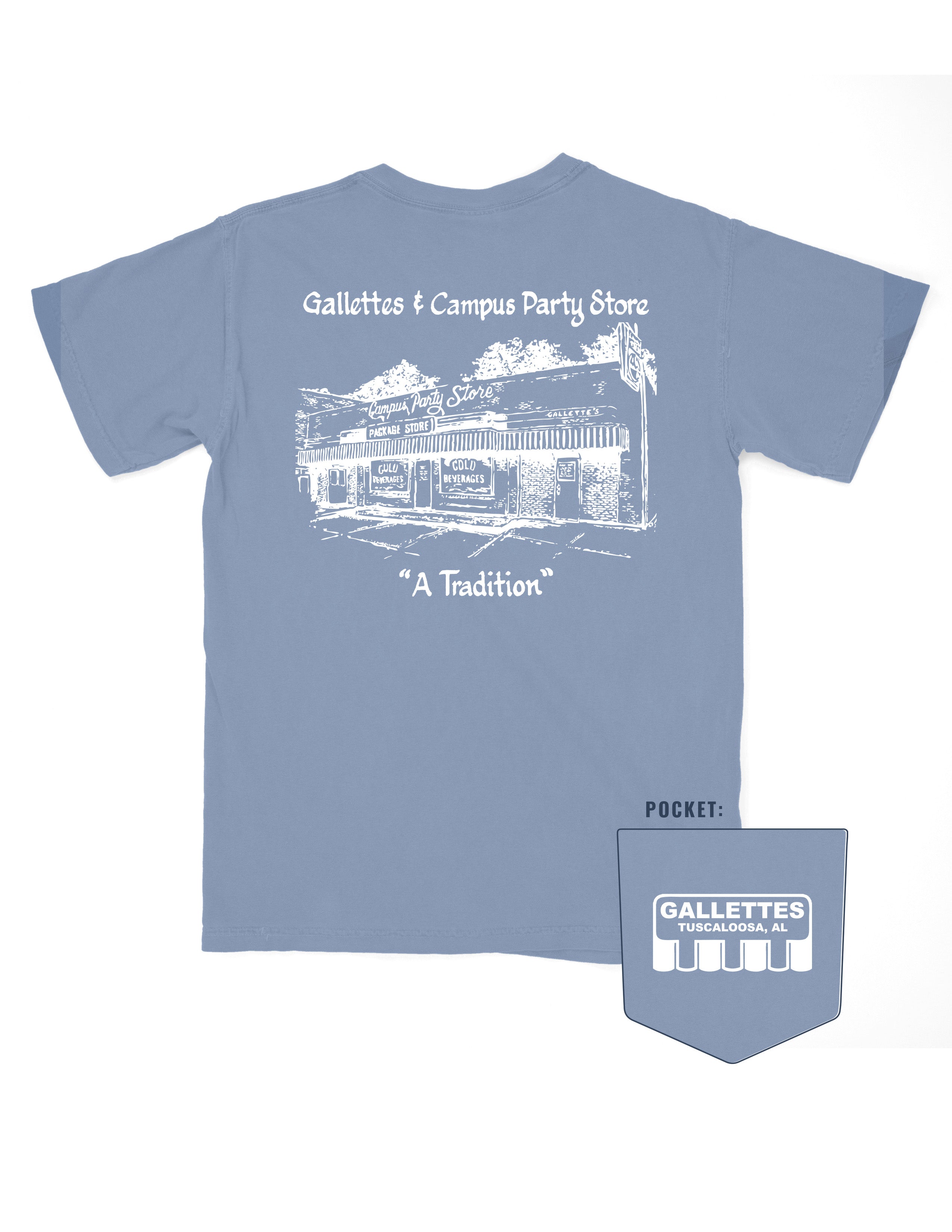 Gallettes Washed Denim T-Shirt with a White illustration of the old Gallettes building