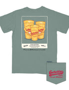 Gallettes Green T-Shirt with an illustration of a polaroid picture of three Gallettes cups with text "Gallettes parent's Weekend"