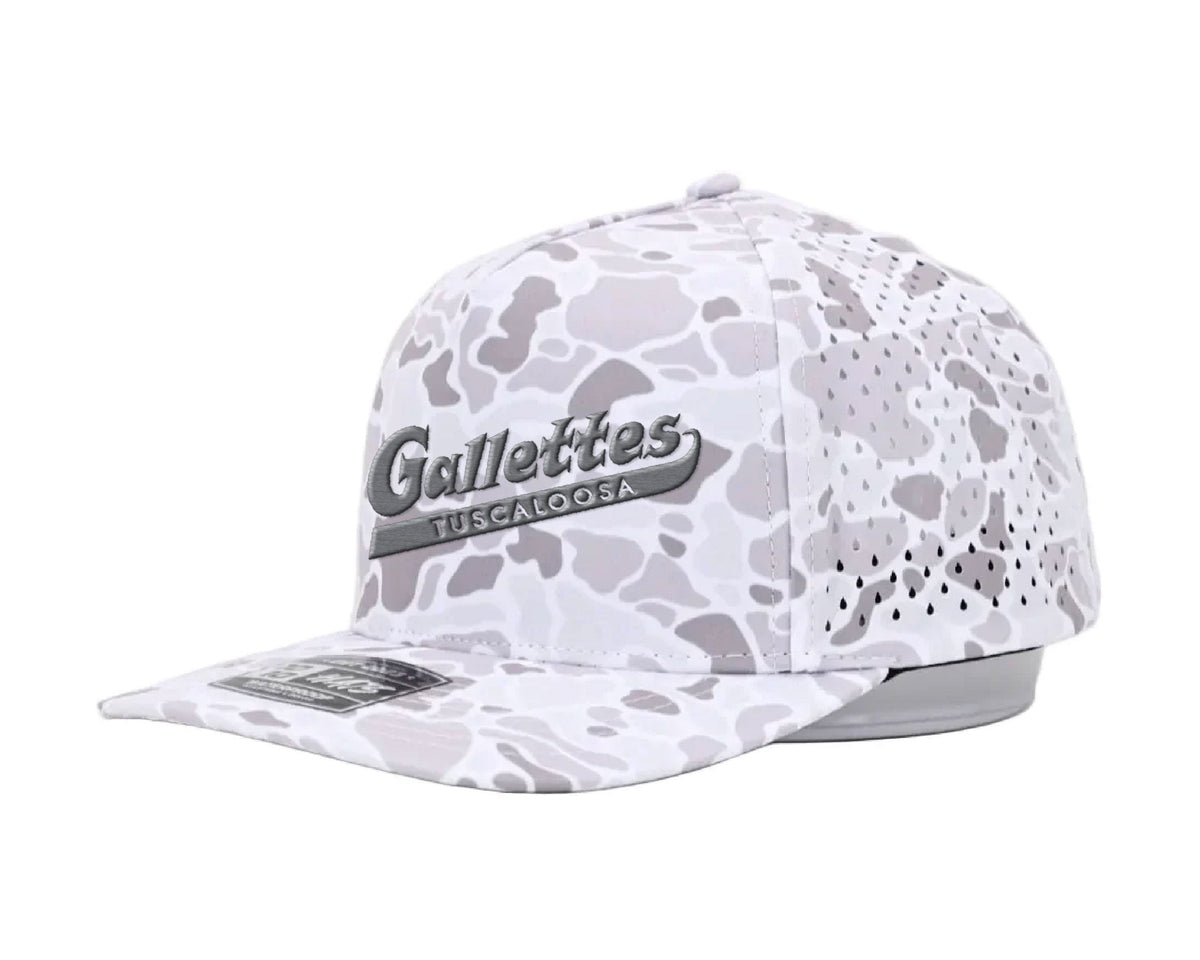 Gallettes White Camo Perforated Hat with a Grey Gallettes Logo embroidered on the front