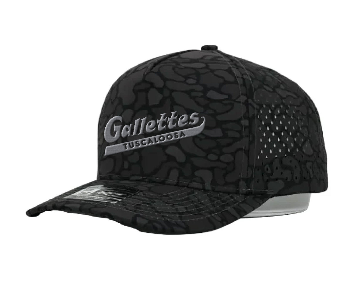 Gallettes Black Camo Perforated Hat with a Grey Gallettes Logo embroidered on the front