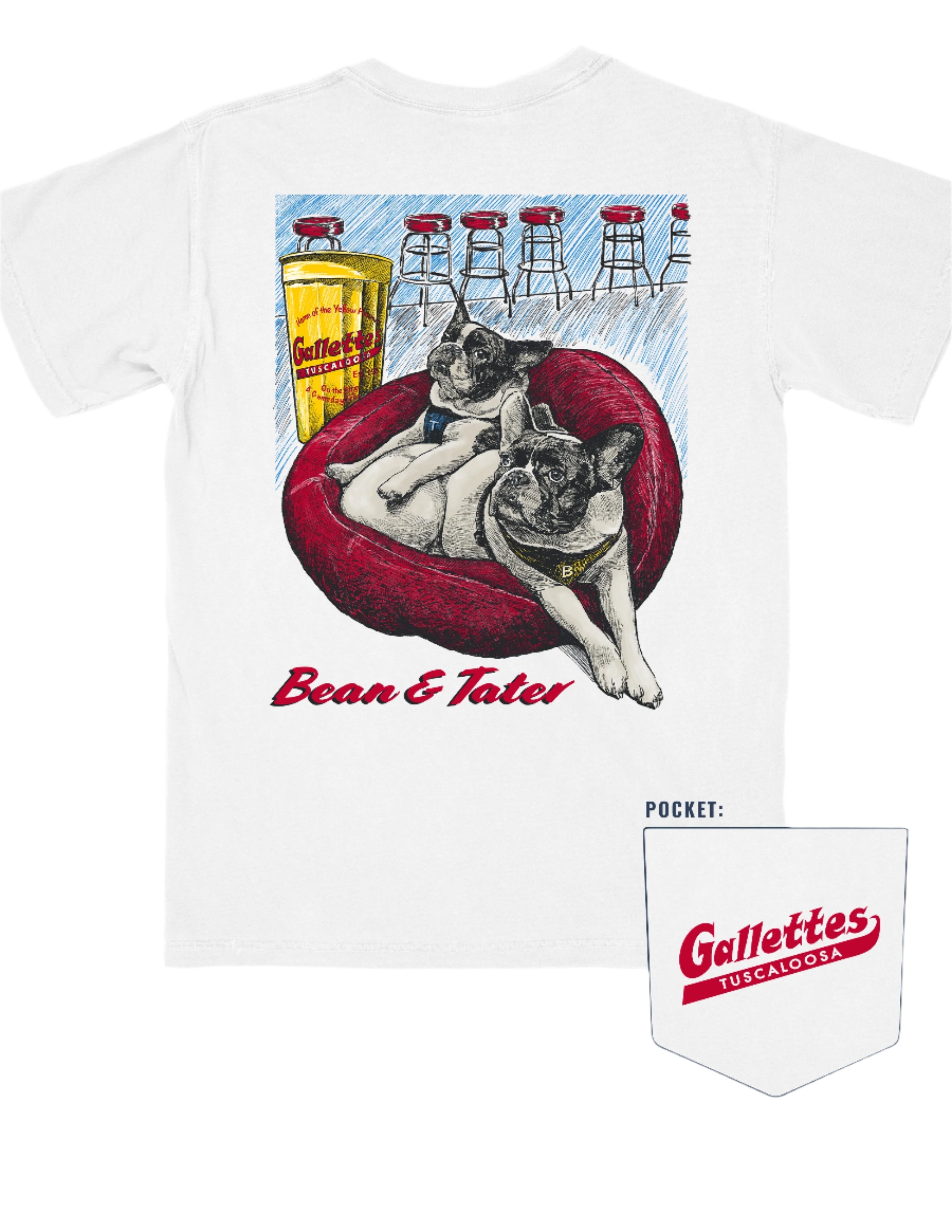 Gallettes White Tater and Bean T-Shirt with an illustration of two French bulldogs, Tater and Bean, laying down in a Red dog bed