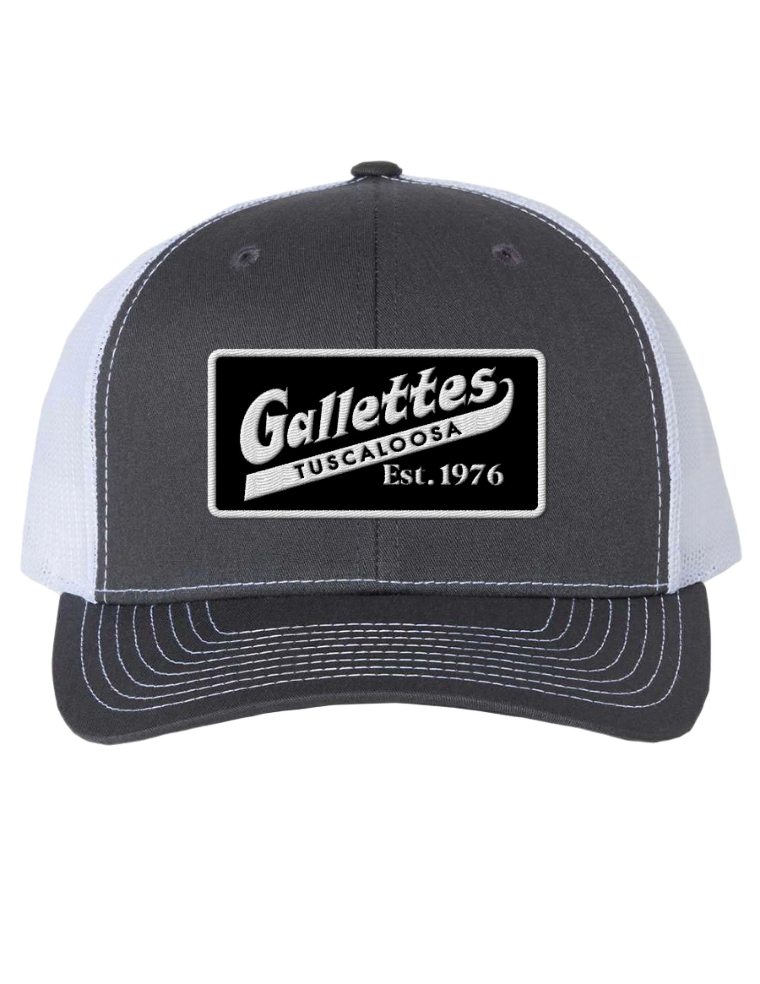 Gallettes Grey Trucker Hat with a Black Patch that features the Gallettes Logo in White embroidery