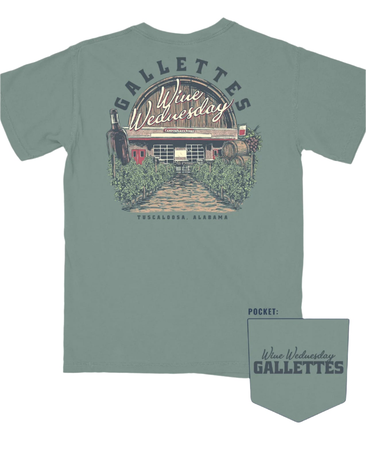 Gallettes Green Wine Wednesday T-Shirt with an image of the Gallettes Building in a vineyard in front of a wine barrel with White text "Wine Wednesday  