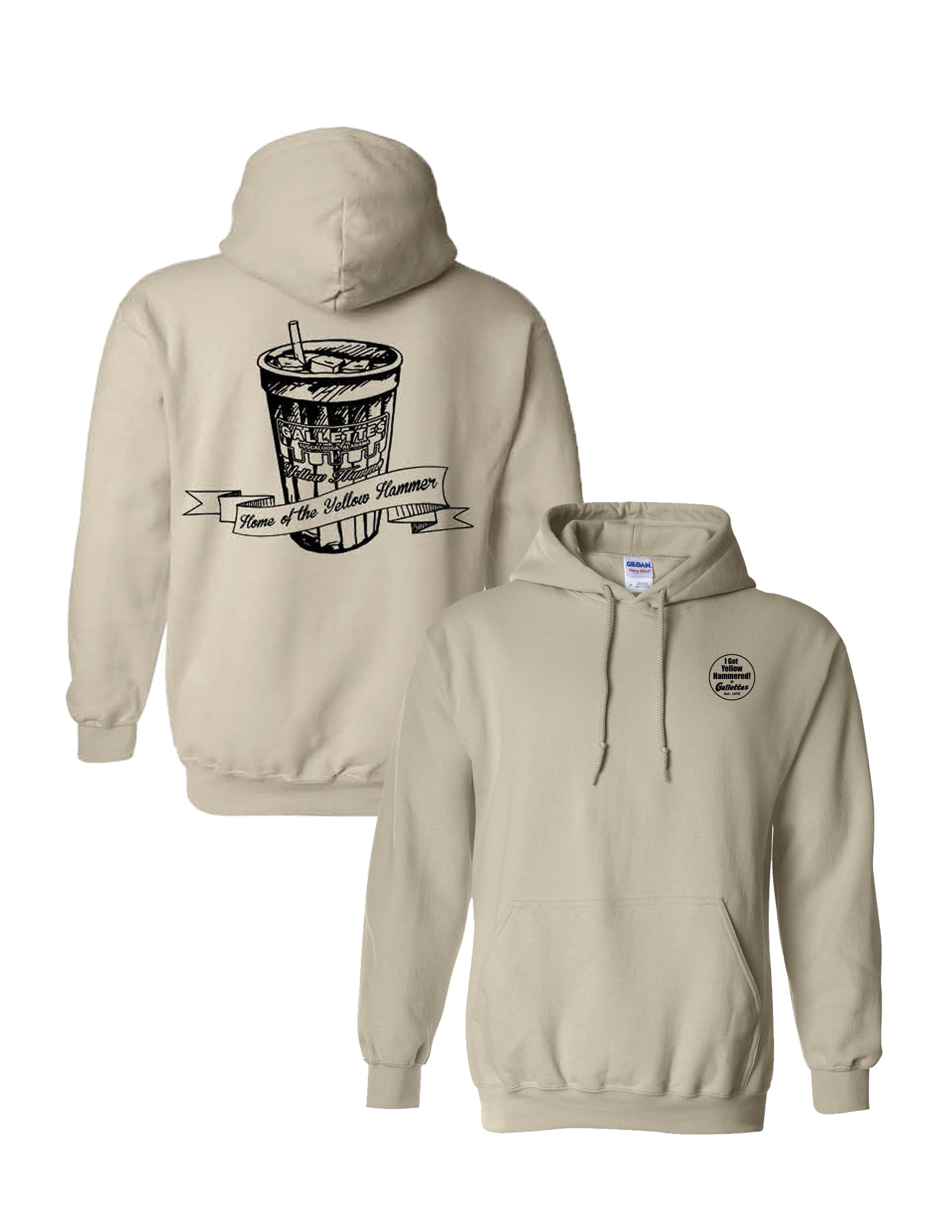Gallettes Tan Hoodie with an illustration of a yellow hammer drink with a sash that reads “home of the yellow hammer”