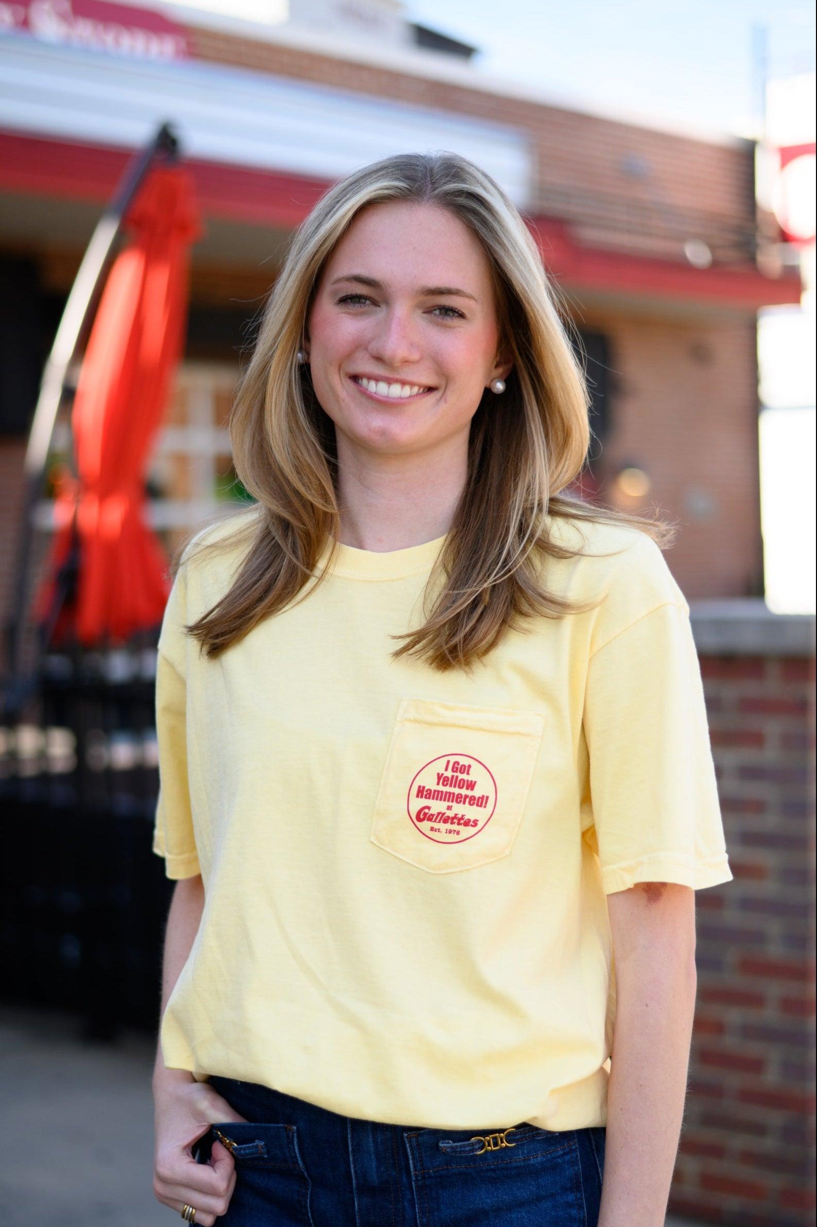 Gallettes Yellow T-Shirt with a Font Pocket with Red "I Got Yellow Hammered"