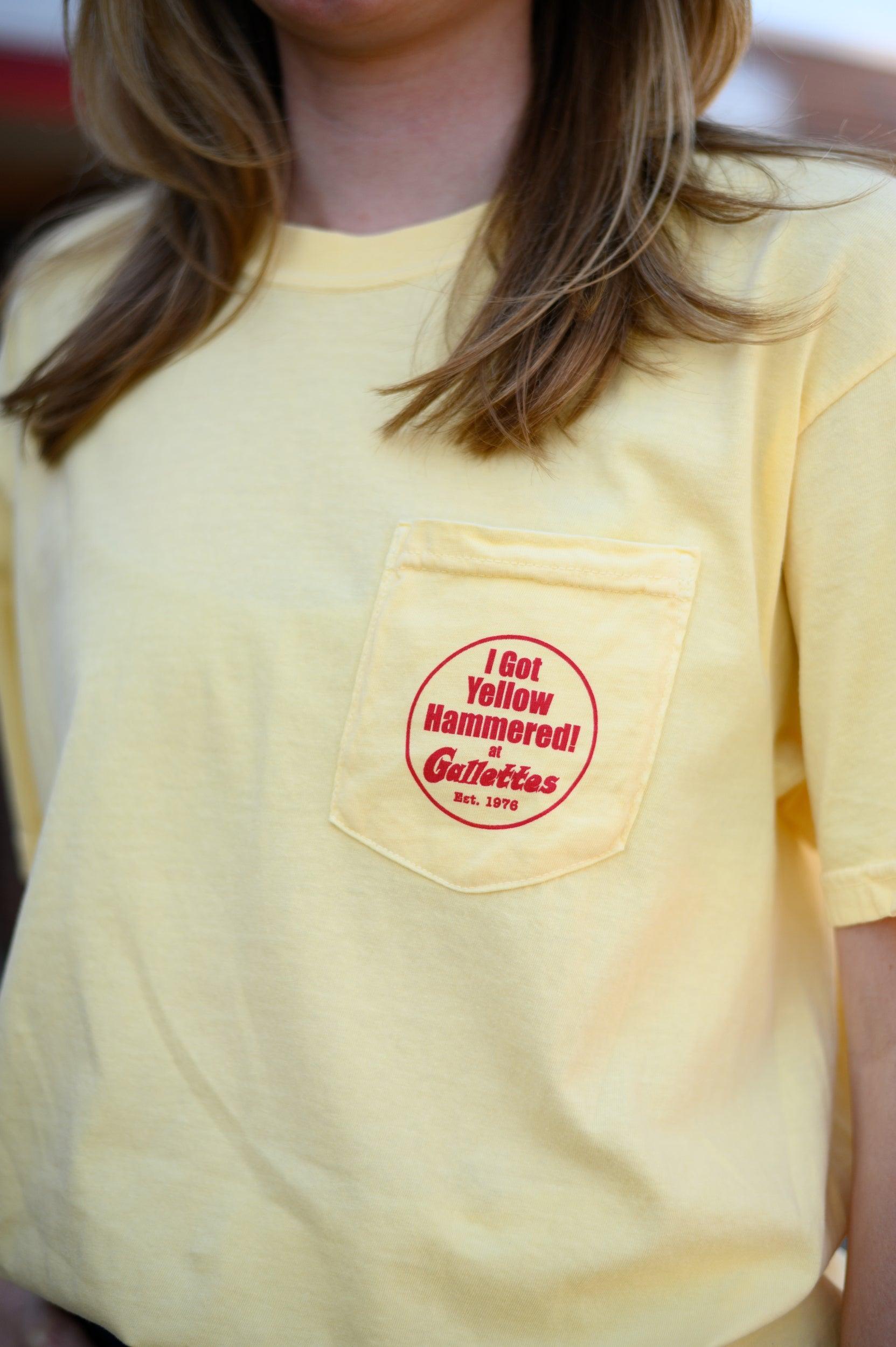 Gallettes Yellow T-Shirt with a Font Pocket with Red "I Got Yellow Hammered"