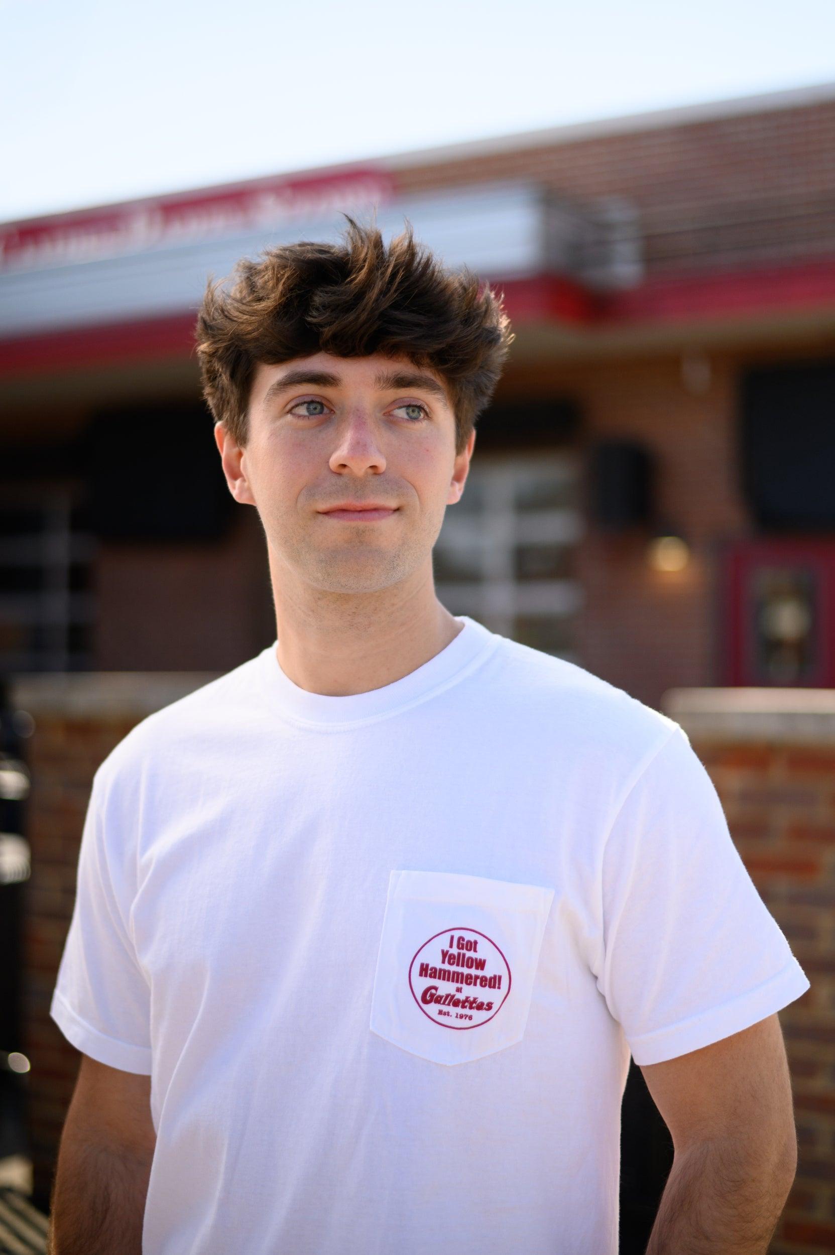 Gallettes White T-Shirt with a Font Pocket with Red "I Got Yellow Hammered"