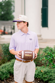 LSU Men’s Purple Stripe Polo with Purple Script “Geaux Tigers” Embroidery 