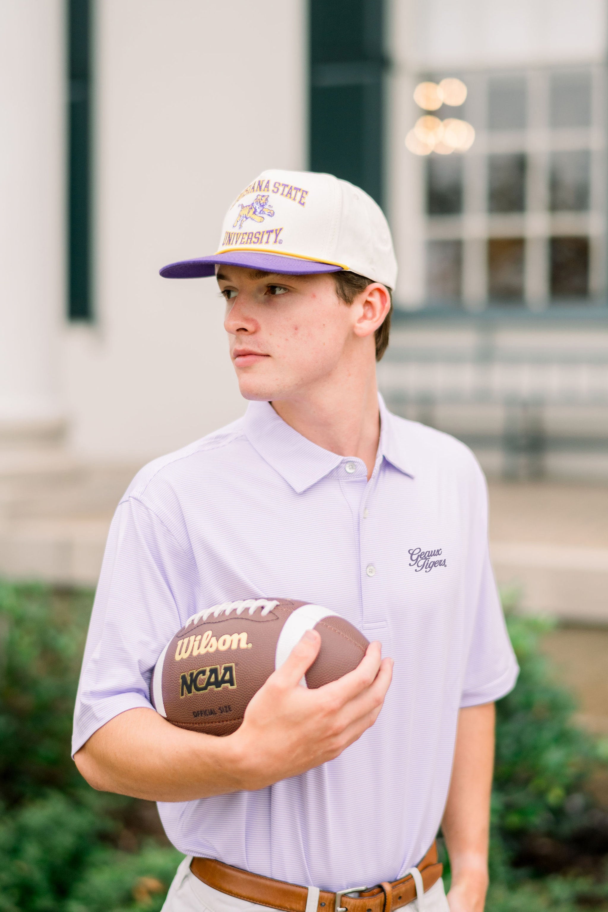 LSU Men’s Purple Stripe Polo with Purple Script “Geaux Tigers” Embroidery 